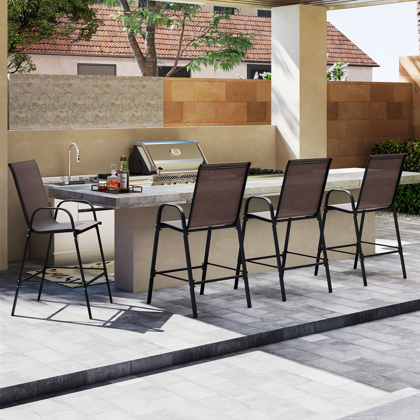Outdoor Bar Stools Set of 2 29 Inch Fabric Bar Height Stools with Armrests, Brown Patio Bar Furniture at Gallery Canada