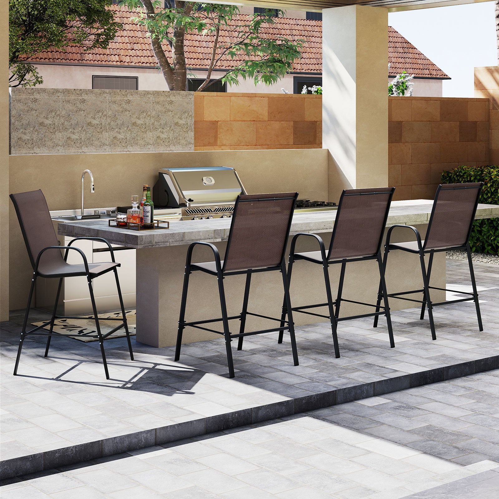Outdoor Bar Stools Set of 2 29 Inch Fabric Bar Height Stools with Armrests, Brown Patio Bar Furniture at Gallery Canada