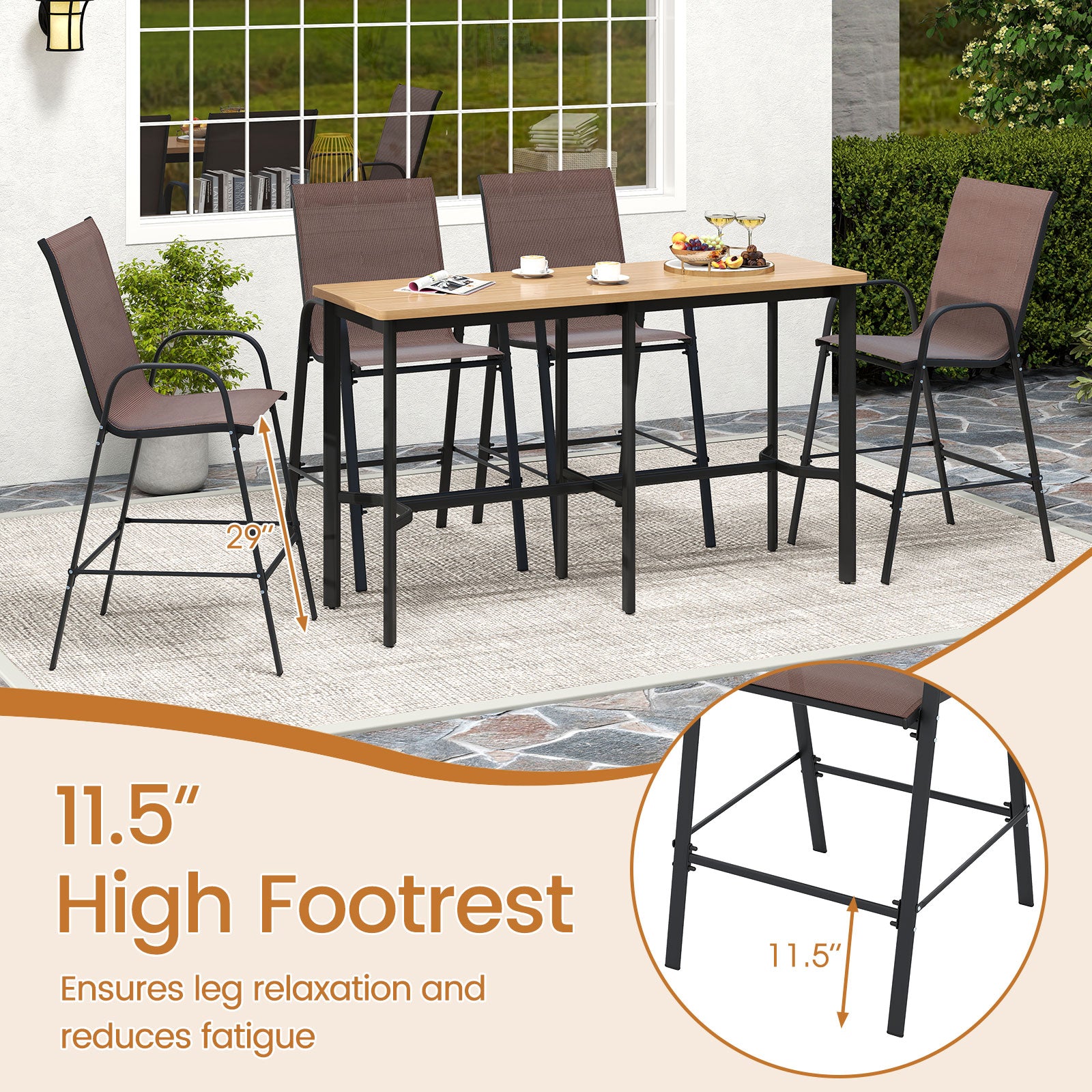Outdoor Bar Stools Set of 2 29 Inch Fabric Bar Height Stools with Armrests, Brown Patio Bar Furniture at Gallery Canada