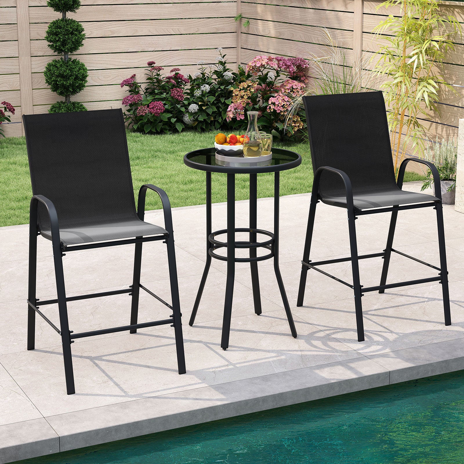 Outdoor Bar Stools Set of 2 29 Inch Fabric Bar Height Stools with Armrests, Black Patio Bar Furniture at Gallery Canada