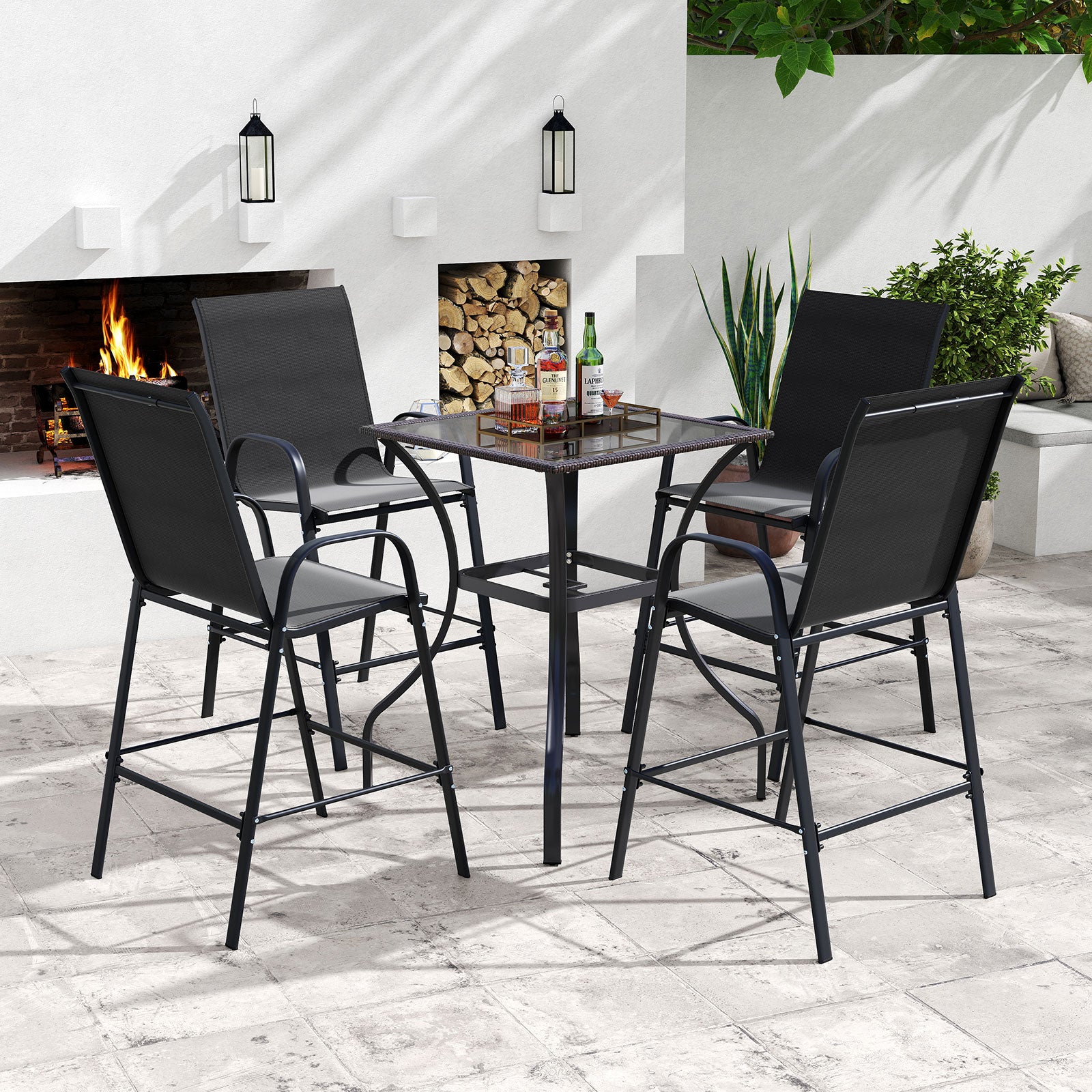 Outdoor Bar Stools Set of 2 29 Inch Fabric Bar Height Stools with Armrests, Black Patio Bar Furniture at Gallery Canada