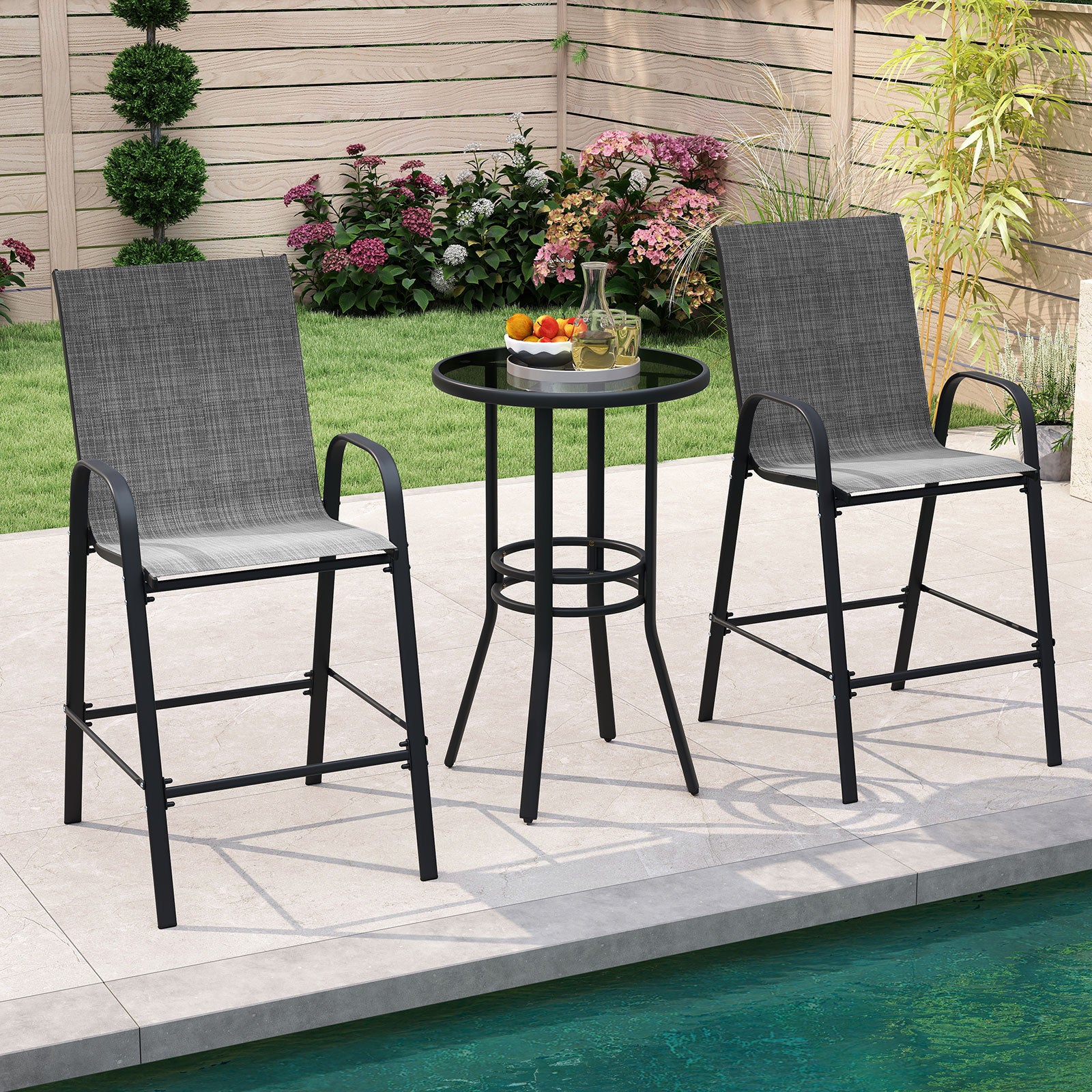 Outdoor Bar Stools Set of 2 29 Inch Fabric Bar Height Stools with Armrests-Grey, Gray Patio Bar Furniture at Gallery Canada