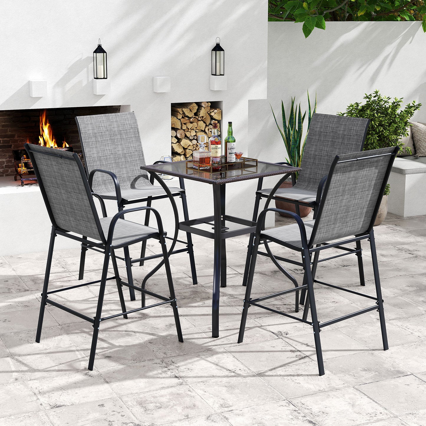 Outdoor Bar Stools Set of 2 29 Inch Fabric Bar Height Stools with Armrests-Grey, Gray Patio Bar Furniture at Gallery Canada