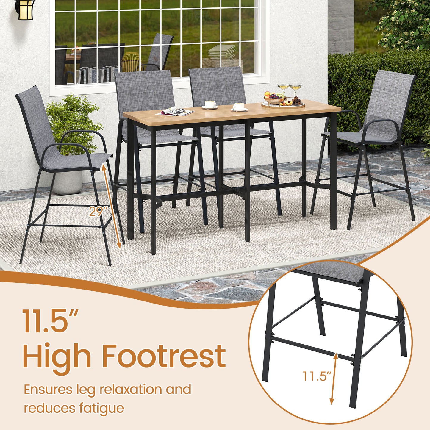 Outdoor Bar Stools Set of 2 29 Inch Fabric Bar Height Stools with Armrests-Grey, Gray Patio Bar Furniture at Gallery Canada
