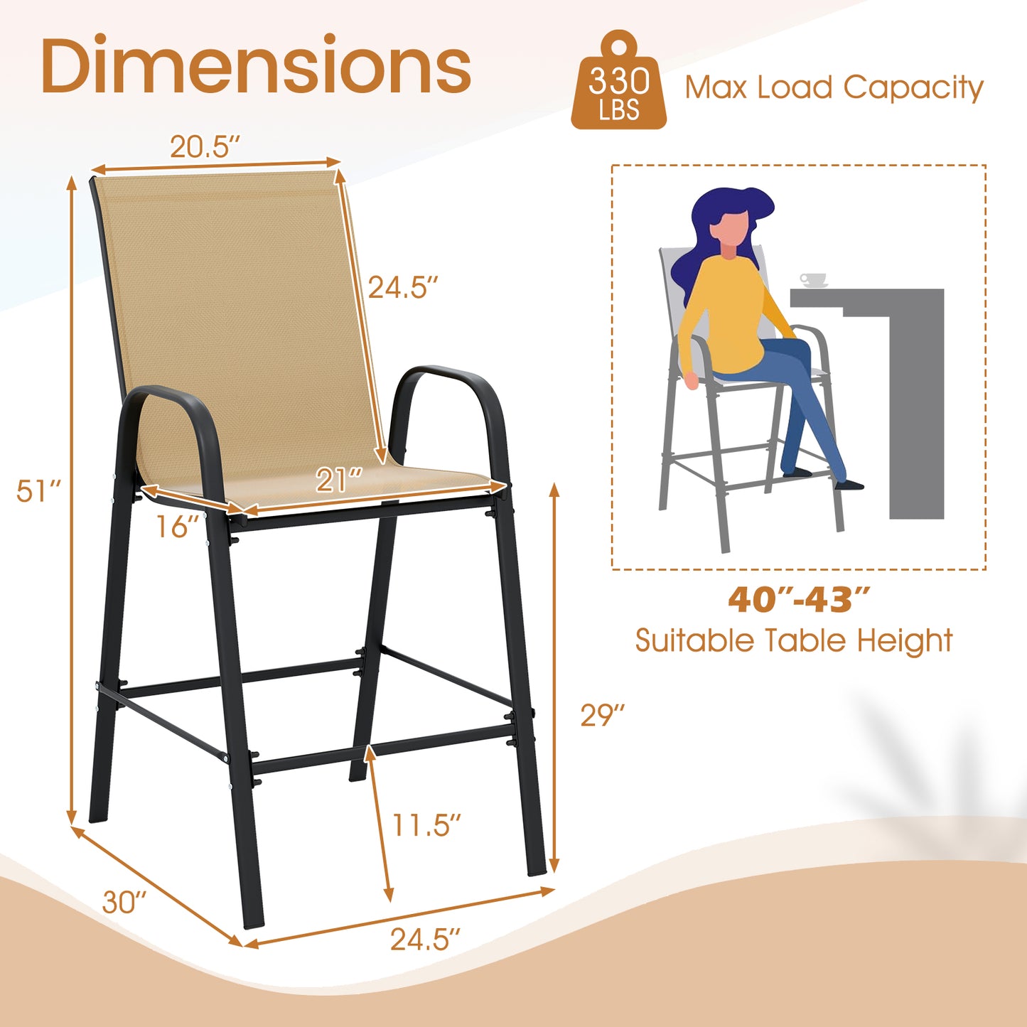 Outdoor Bar Stools Set of 2 29 Inch Fabric Bar Height Stools with Armrests, Beige Patio Bar Furniture at Gallery Canada