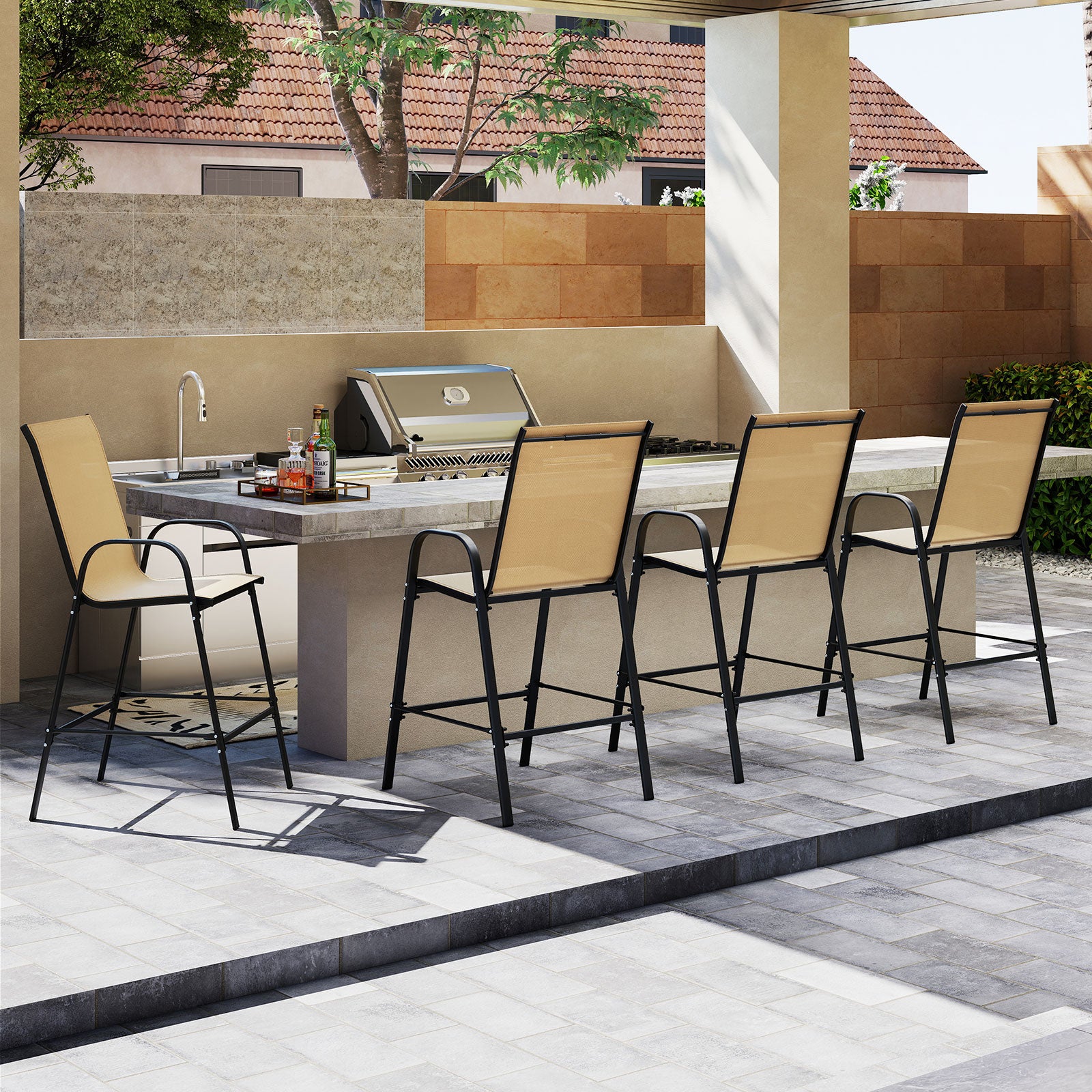 Outdoor Bar Stools Set of 2 29 Inch Fabric Bar Height Stools with Armrests, Beige Patio Bar Furniture at Gallery Canada