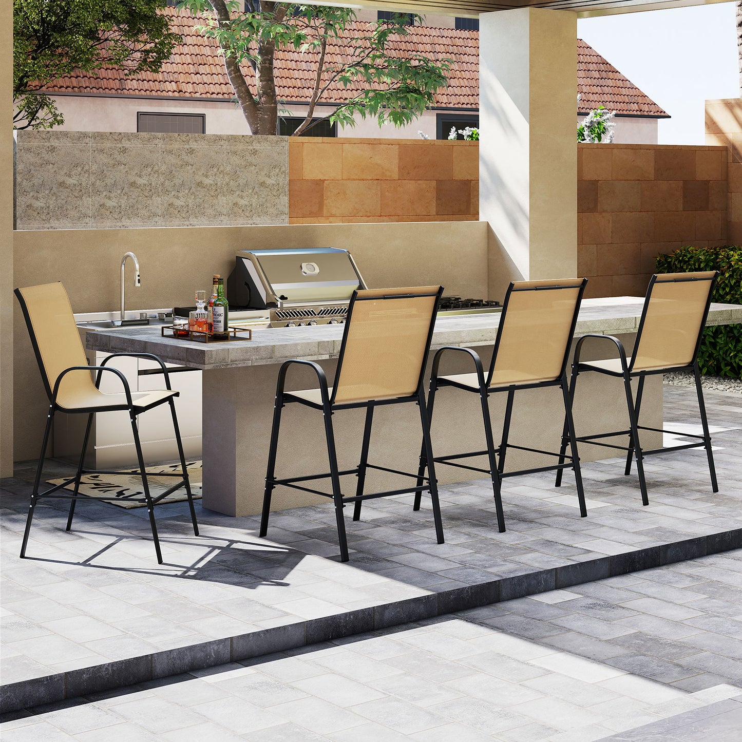 Outdoor Bar Stools Set of 2 29 Inch Fabric Bar Height Stools with Armrests, Beige Patio Bar Furniture at Gallery Canada