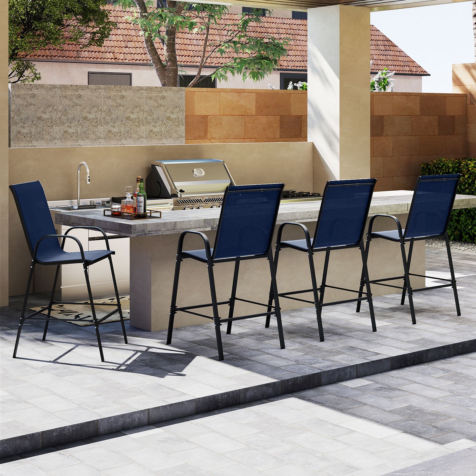 Outdoor Bar Stools Set of 2 29 Inch Fabric Bar Height Stools with Armrests, Navy Patio Bar Furniture at Gallery Canada