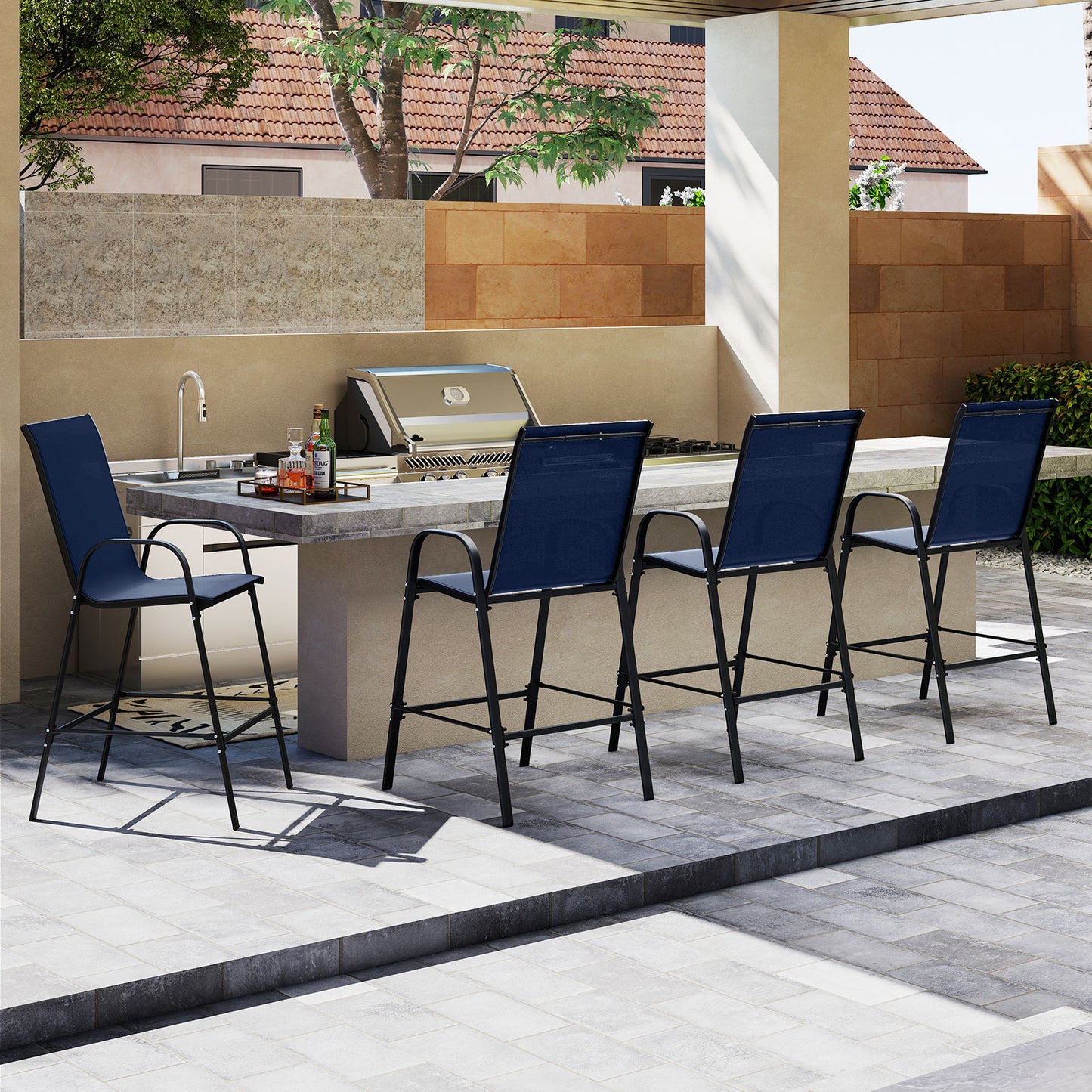 Outdoor Bar Stools Set of 2 29 Inch Fabric Bar Height Stools with Armrests, Navy Patio Bar Furniture at Gallery Canada