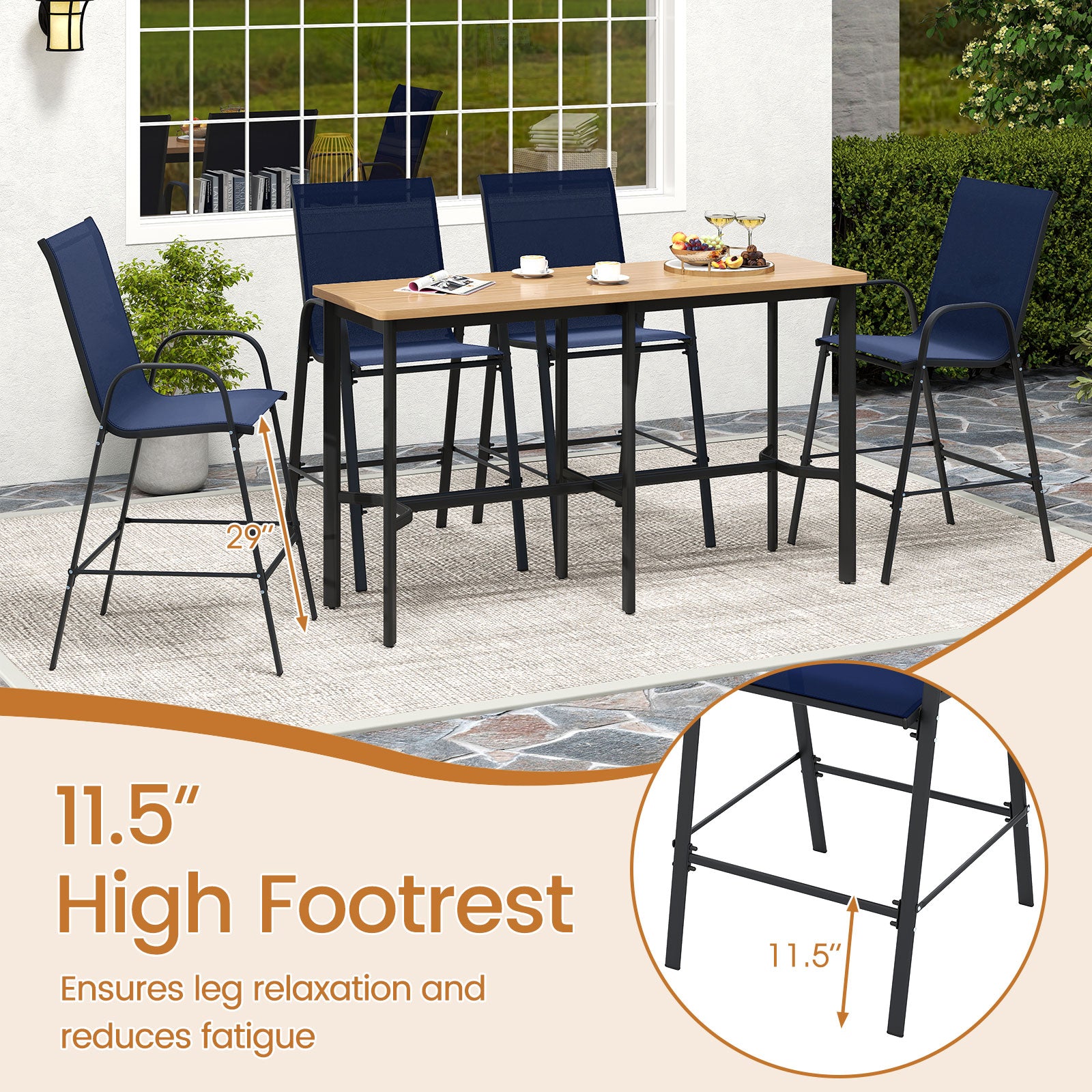 Outdoor Bar Stools Set of 2 29 Inch Fabric Bar Height Stools with Armrests, Navy Patio Bar Furniture at Gallery Canada