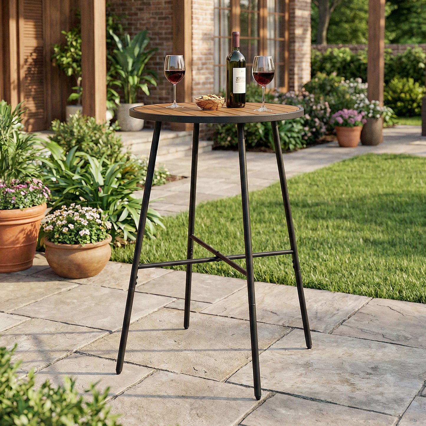 Outdoor Bar Table 41 inch Bar Height Patio Round Table with Acacia Wood Top and Metal Frame Patio Bar Furniture at Gallery Canada