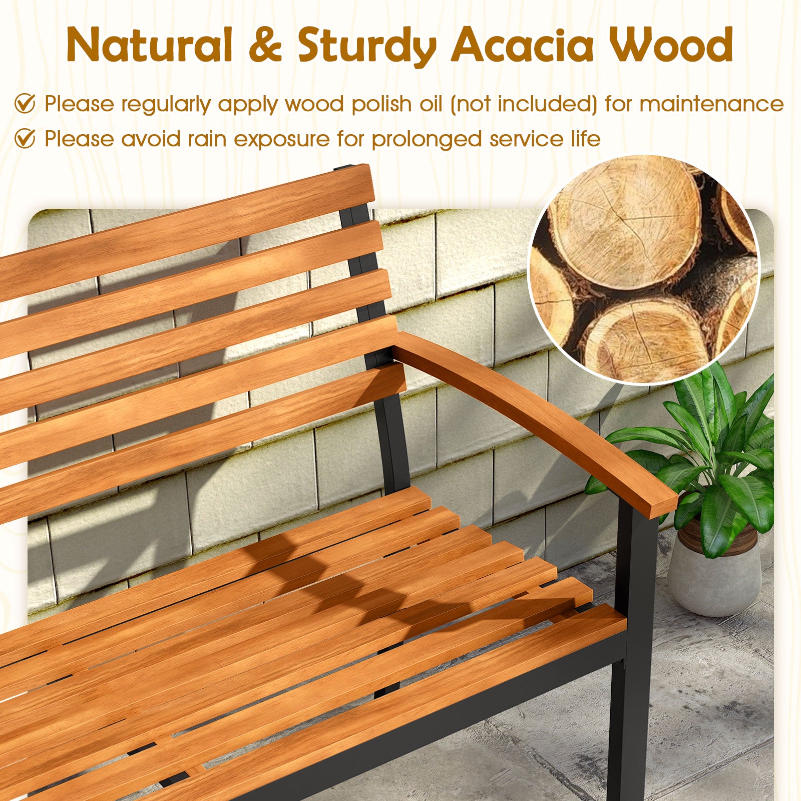 Outdoor Bench Acacia Wood Patio Loveseat with Backrest Armrests Outdoor Benches at Gallery Canada