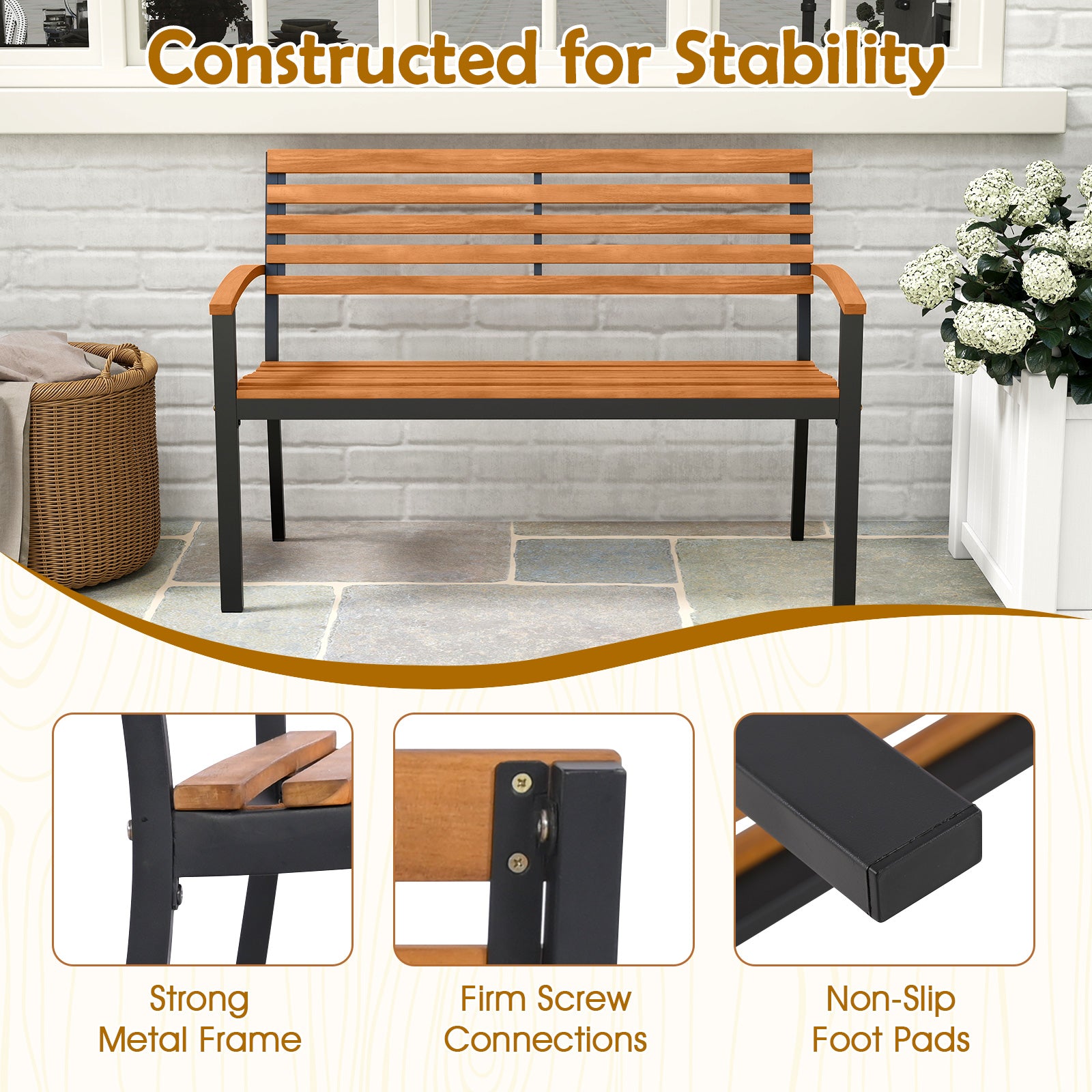 Outdoor Bench Acacia Wood Patio Loveseat with Backrest Armrests Outdoor Benches at Gallery Canada