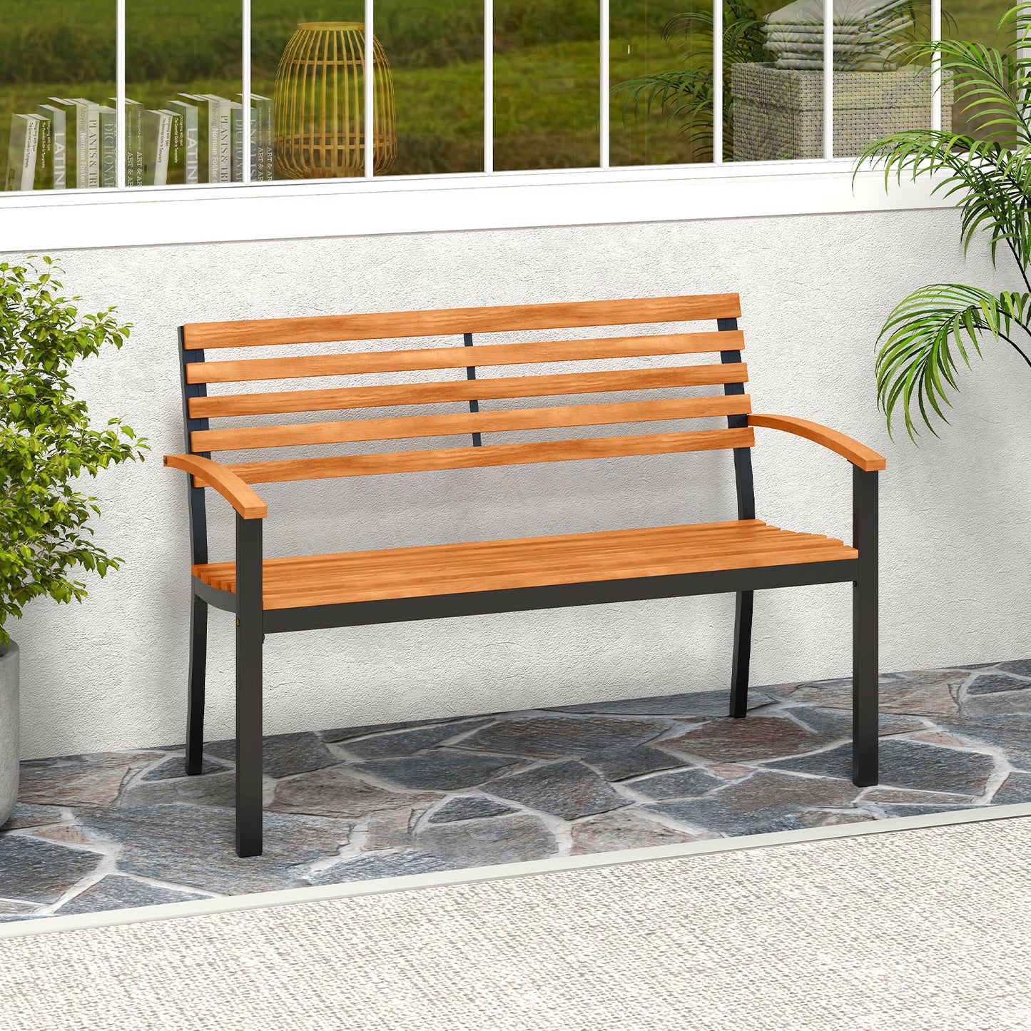 Outdoor Bench Acacia Wood Patio Loveseat with Backrest Armrests Outdoor Benches at Gallery Canada