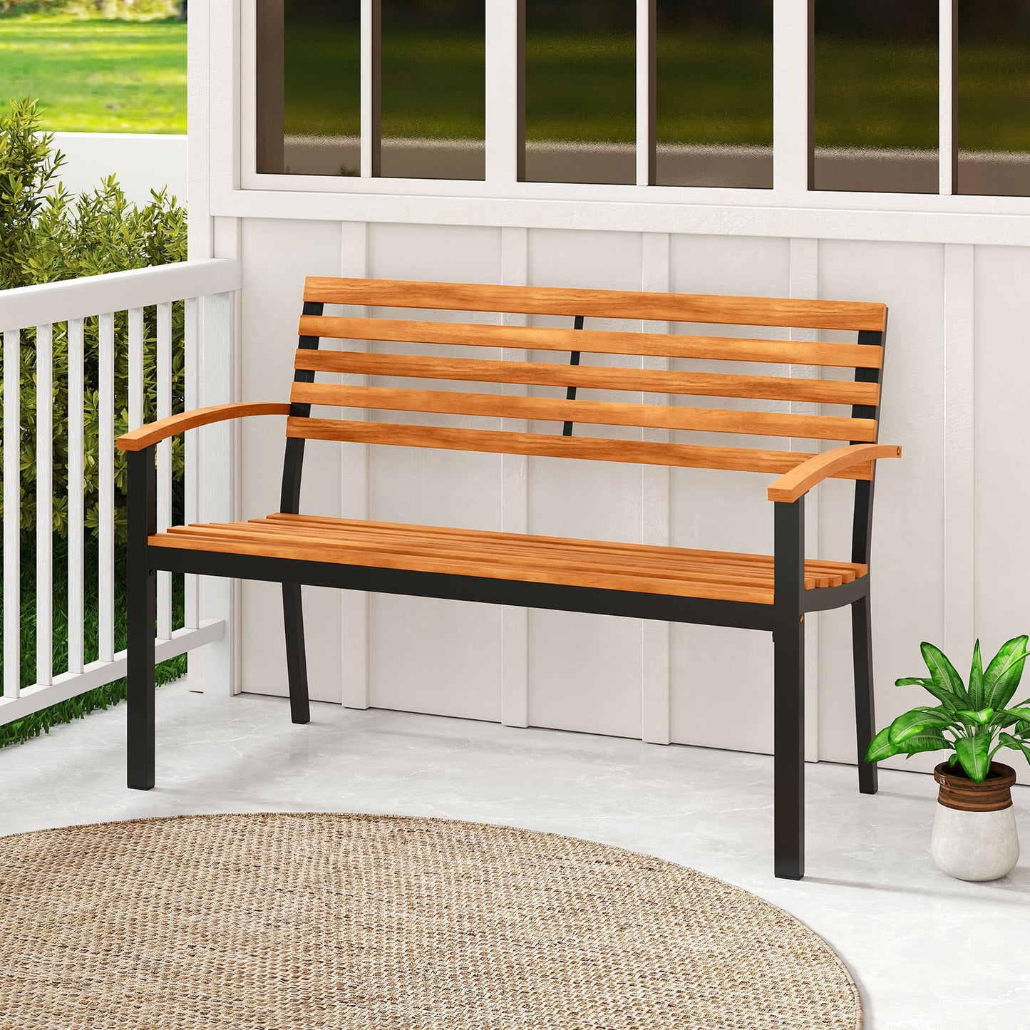Outdoor Bench Acacia Wood Patio Loveseat with Backrest Armrests Outdoor Benches at Gallery Canada