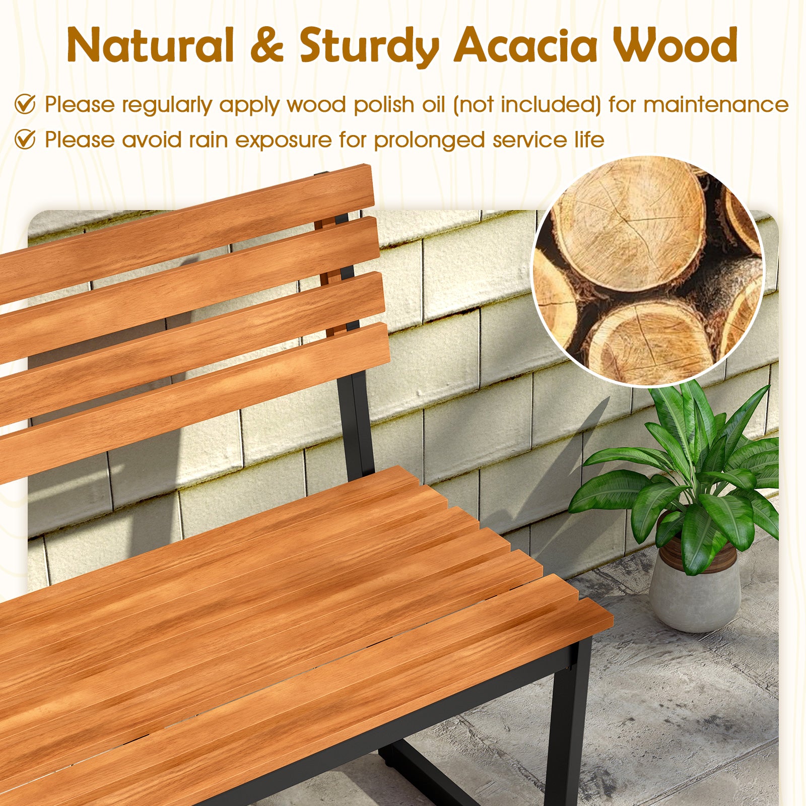 Outdoor Bench Acacia Wood Patio Loveseat with Backrest and Heavy Duty Metal Frame Outdoor Benches at Gallery Canada