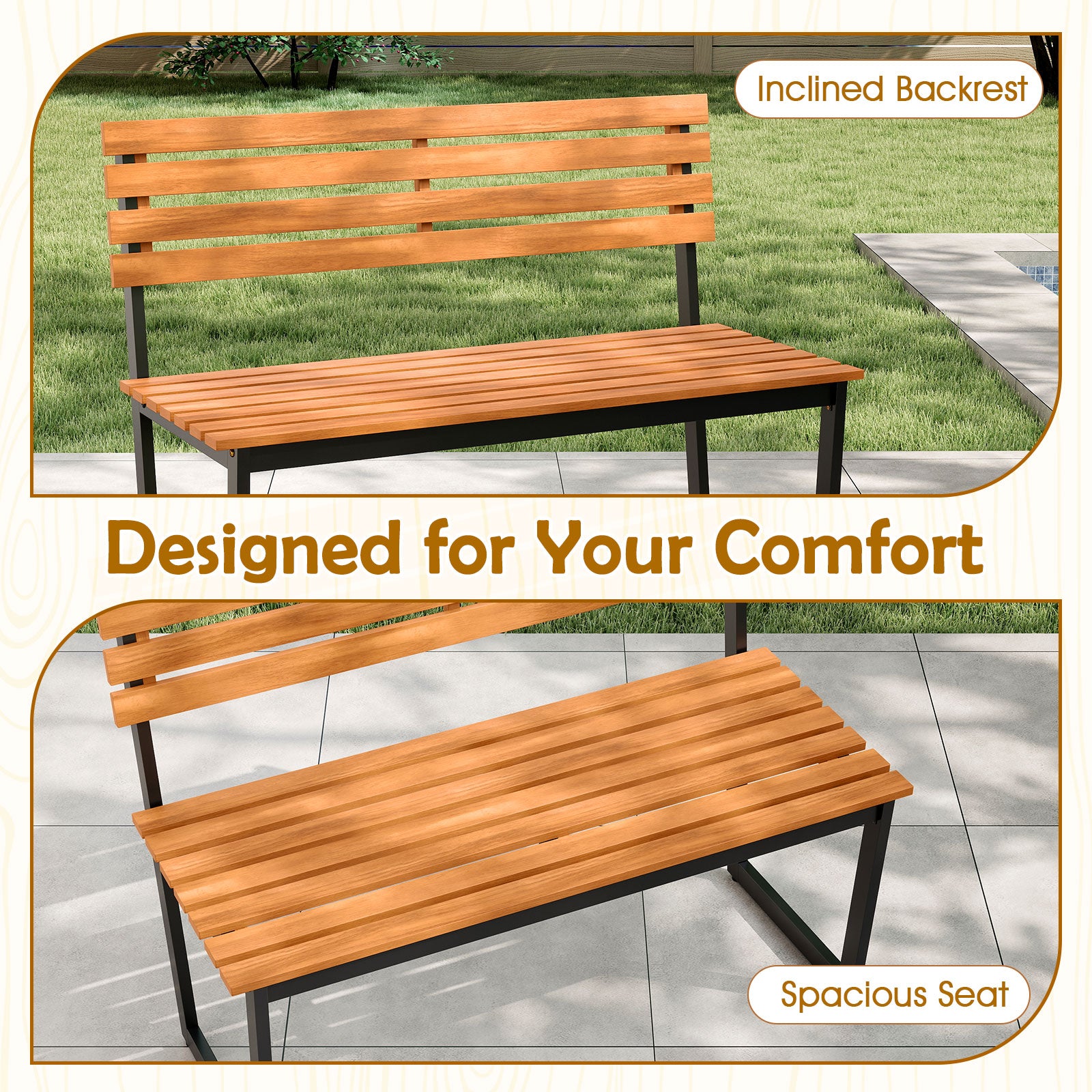 Outdoor Bench Acacia Wood Patio Loveseat with Backrest and Heavy Duty Metal Frame Outdoor Benches at Gallery Canada