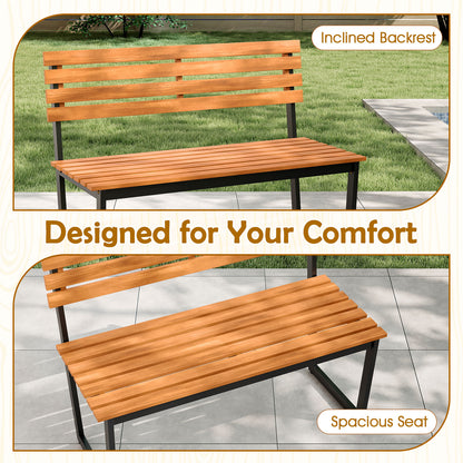 Outdoor Bench Acacia Wood Patio Loveseat with Backrest and Heavy Duty Metal Frame Outdoor Benches at Gallery Canada