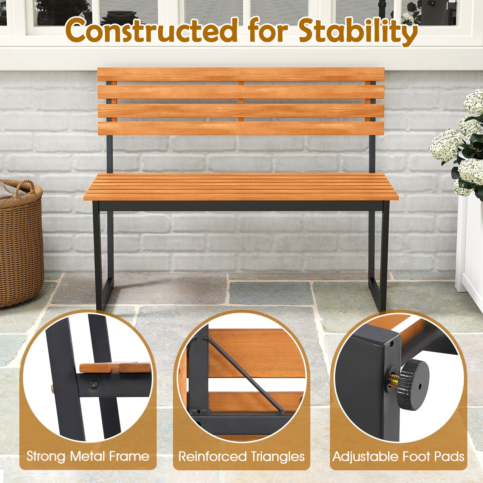 Outdoor Bench Acacia Wood Patio Loveseat with Backrest and Heavy Duty Metal Frame Outdoor Benches at Gallery Canada