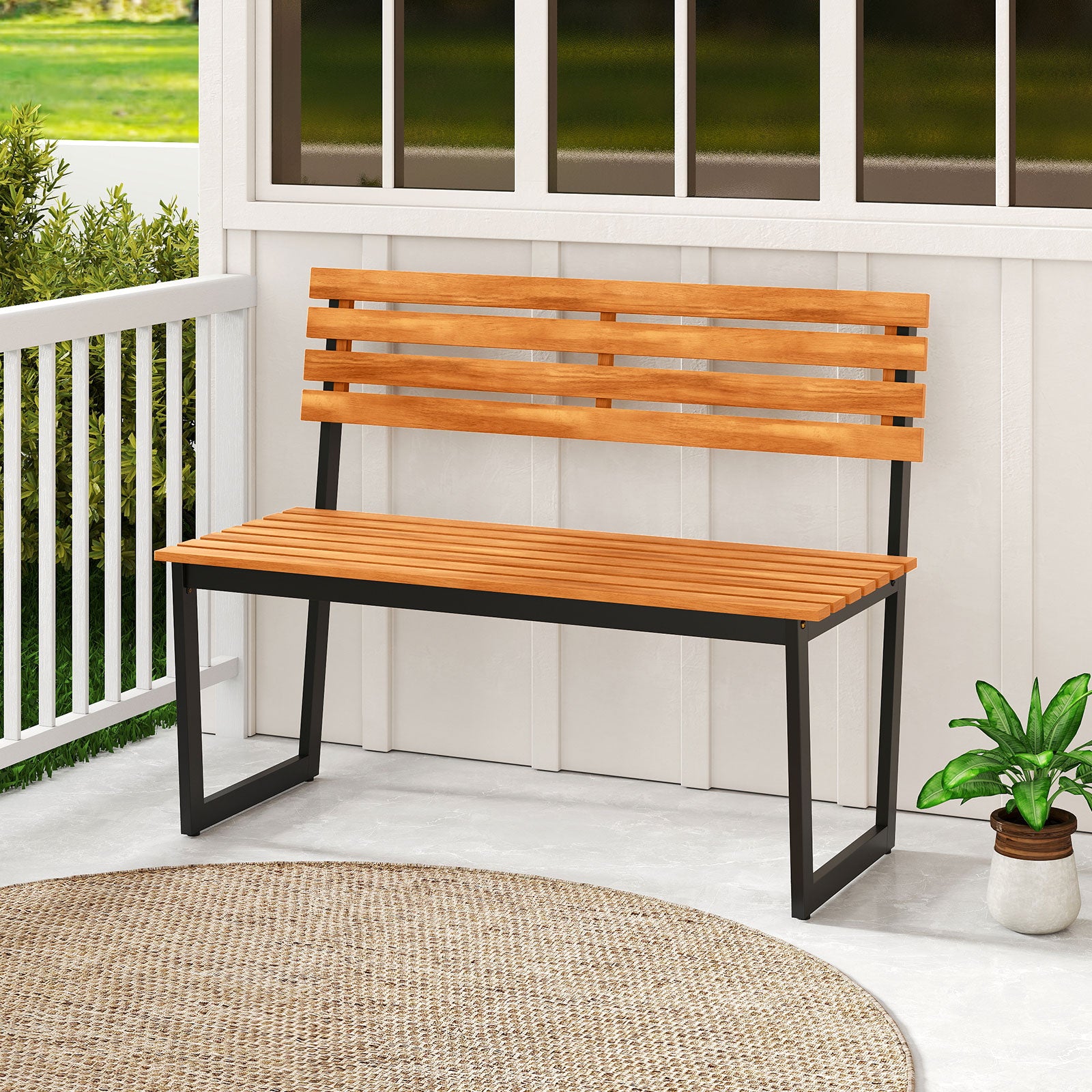 Outdoor Bench Acacia Wood Patio Loveseat with Backrest and Heavy Duty Metal Frame Outdoor Benches at Gallery Canada