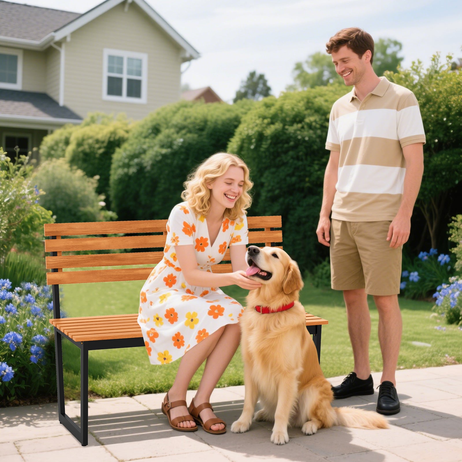 Outdoor Bench Acacia Wood Patio Loveseat with Backrest and Heavy Duty Metal Frame Outdoor Benches at Gallery Canada