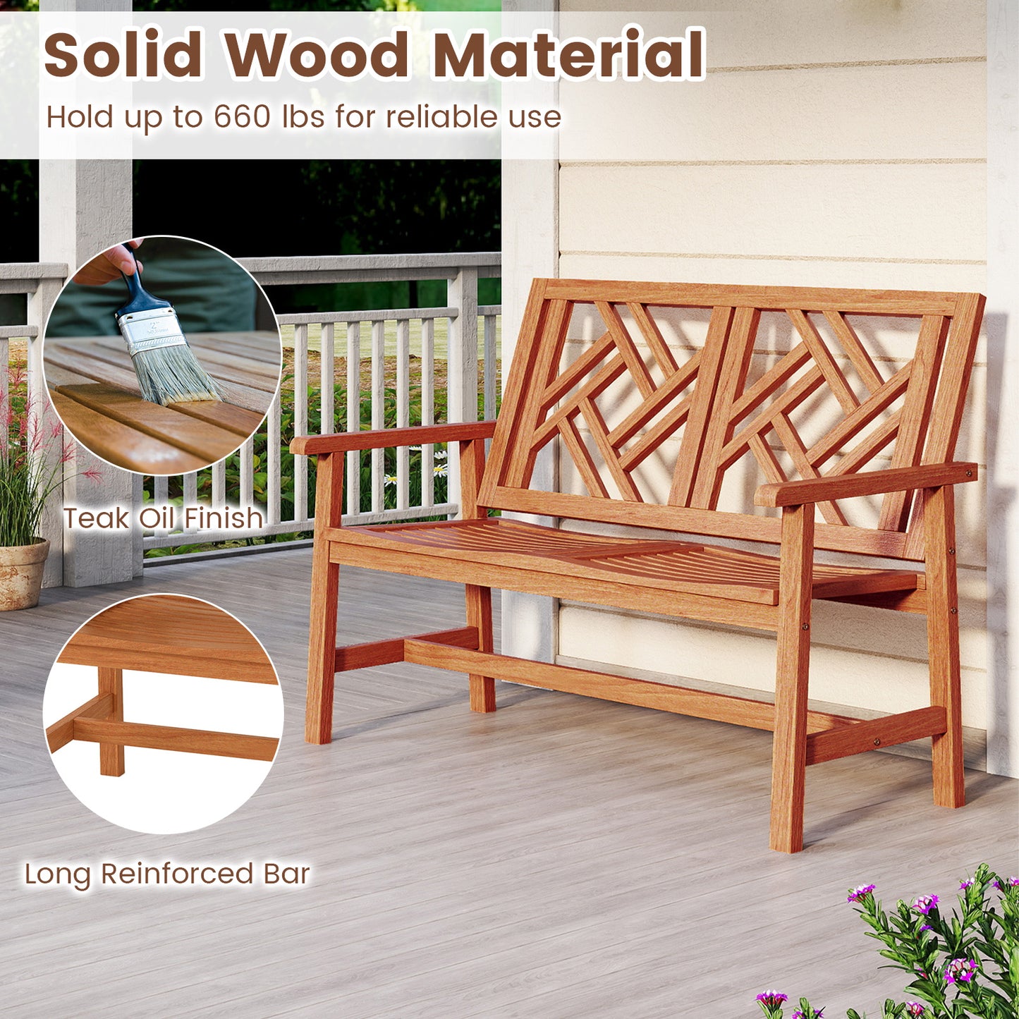 Outdoor Bench Wood 2-Person Patio Loveseat Chair with Geometric Backrest, Natural
