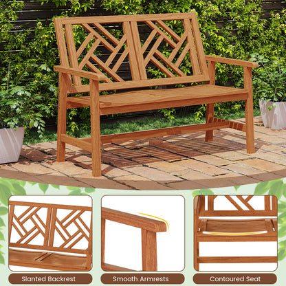 Outdoor Bench Wood 2-Person Patio Loveseat Chair with Geometric Backrest, Natural
