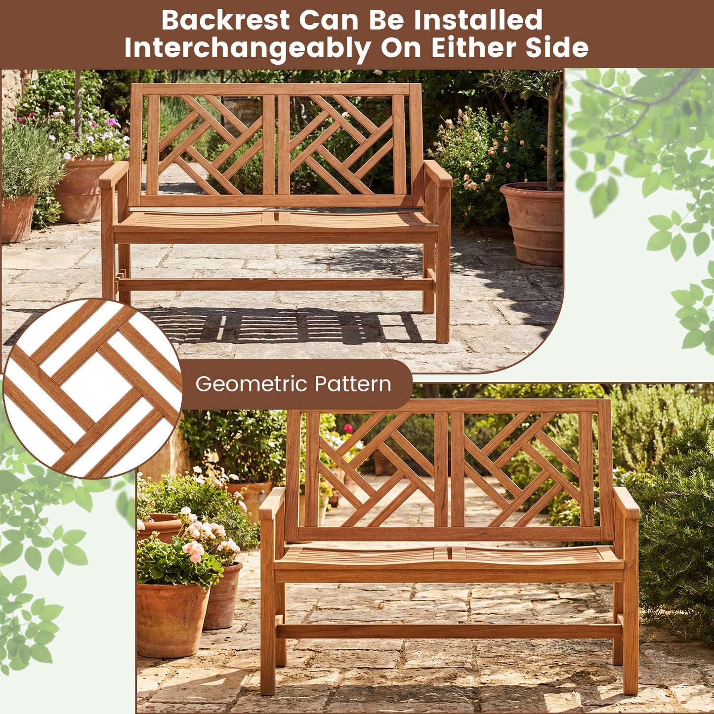 Outdoor Bench Wood 2-Person Patio Loveseat Chair with Geometric Backrest, Natural