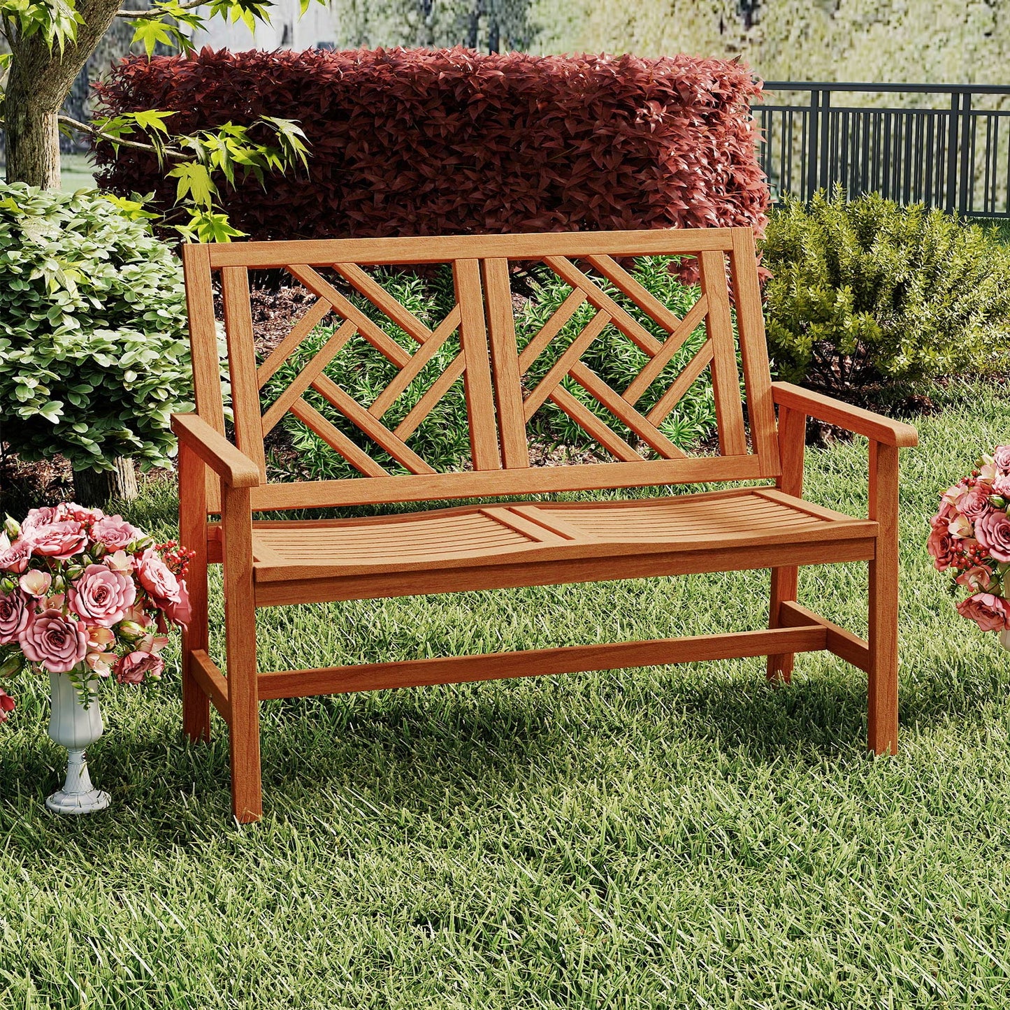 Outdoor Bench Wood 2-Person Patio Loveseat Chair with Geometric Backrest, Natural