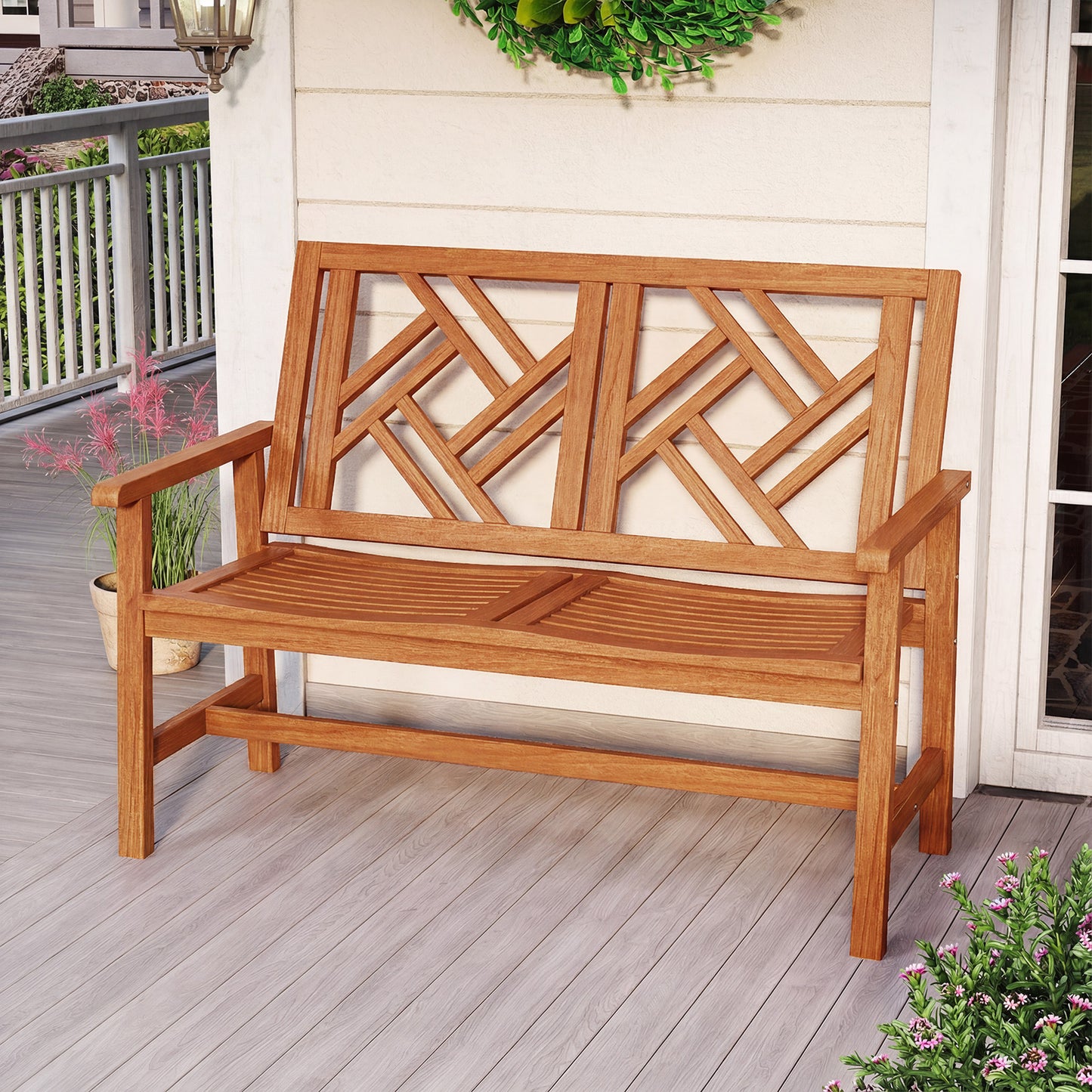 Outdoor Bench Wood 2-Person Patio Loveseat Chair with Geometric Backrest, Natural