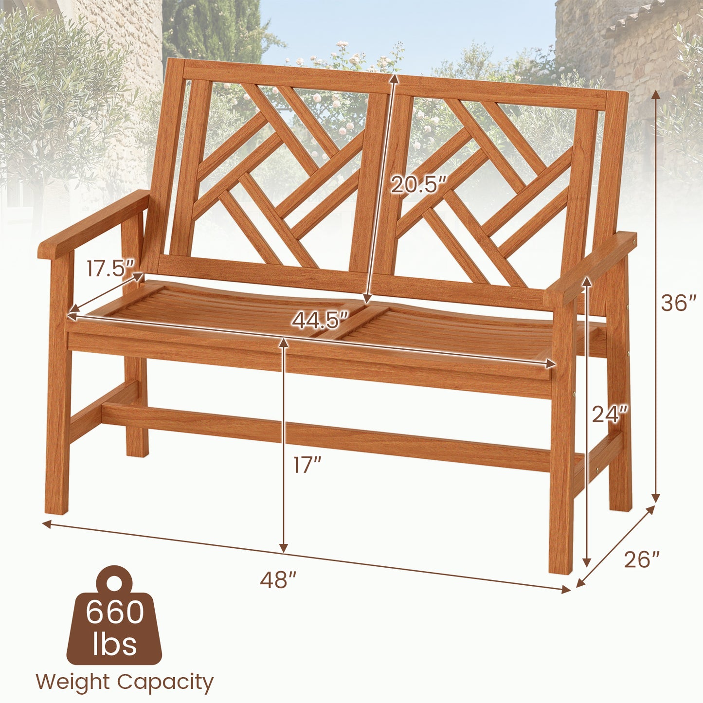 Outdoor Bench Wood 2-Person Patio Loveseat Chair with Geometric Backrest, Natural