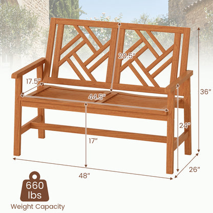 Outdoor Bench Wood 2-Person Patio Loveseat Chair with Geometric Backrest, Natural