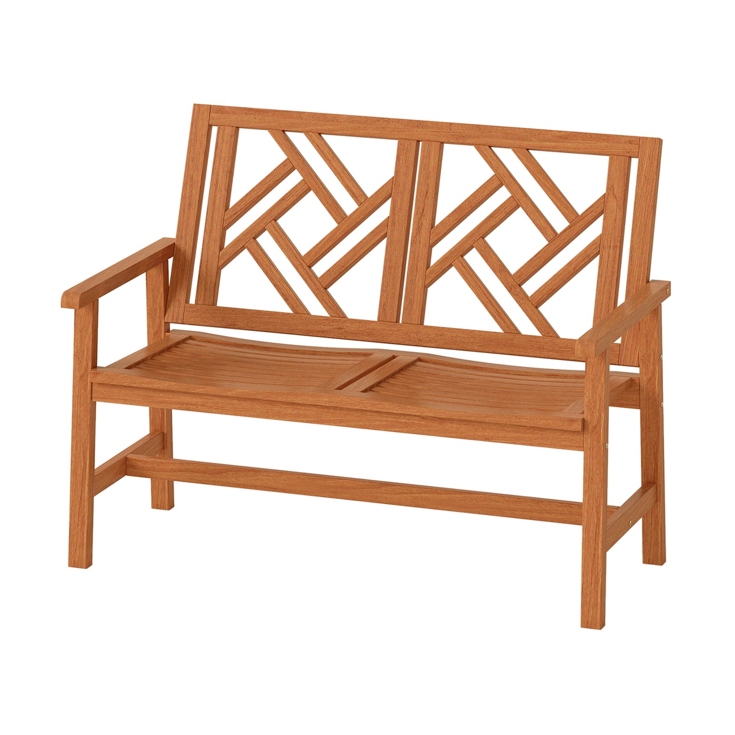 Outdoor Bench Wood 2-Person Patio Loveseat Chair with Geometric Backrest, Natural