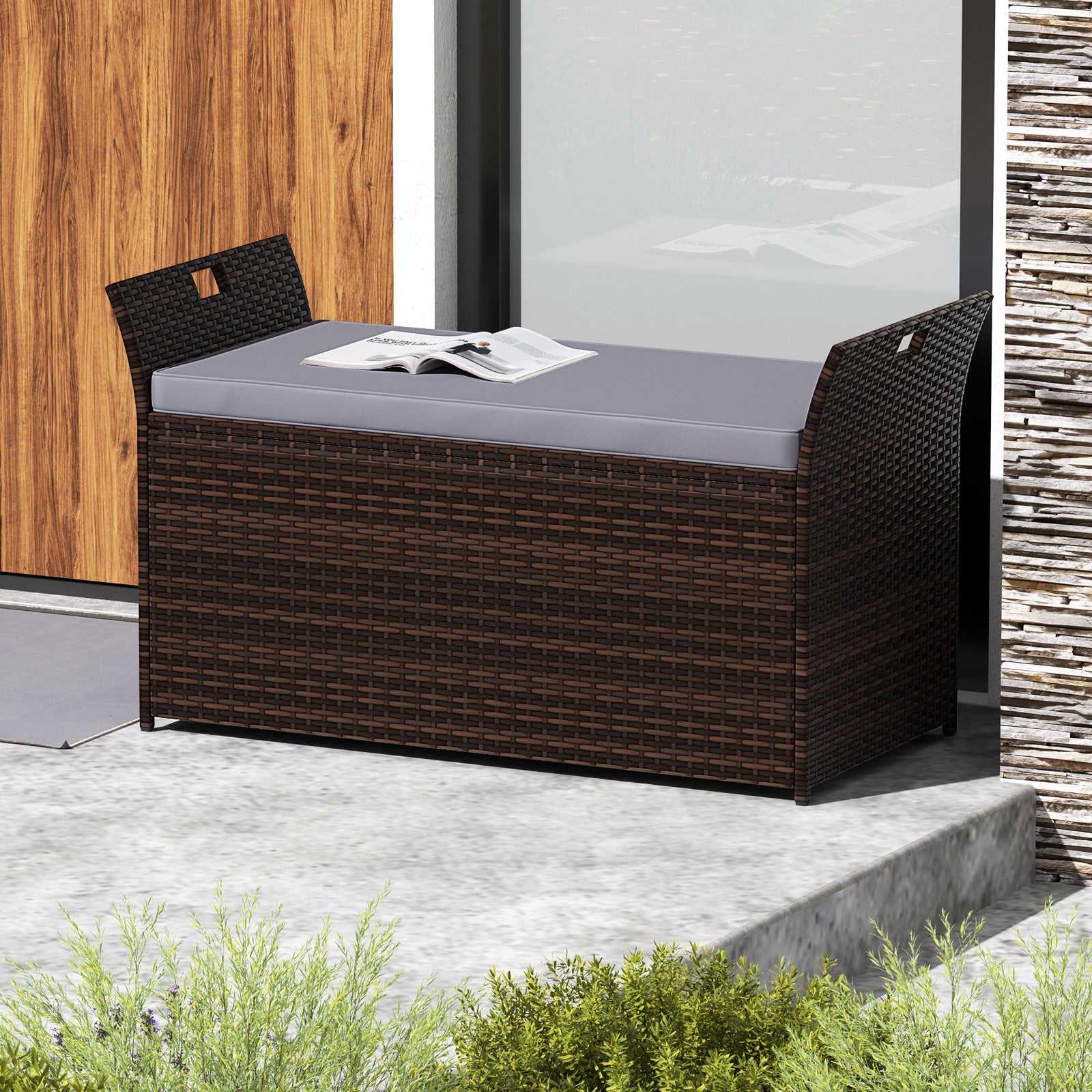 Outdoor Bench with Hand-woven PE Rattan Wicker and Side Handles, Gray Outdoor Benches at Gallery Canada