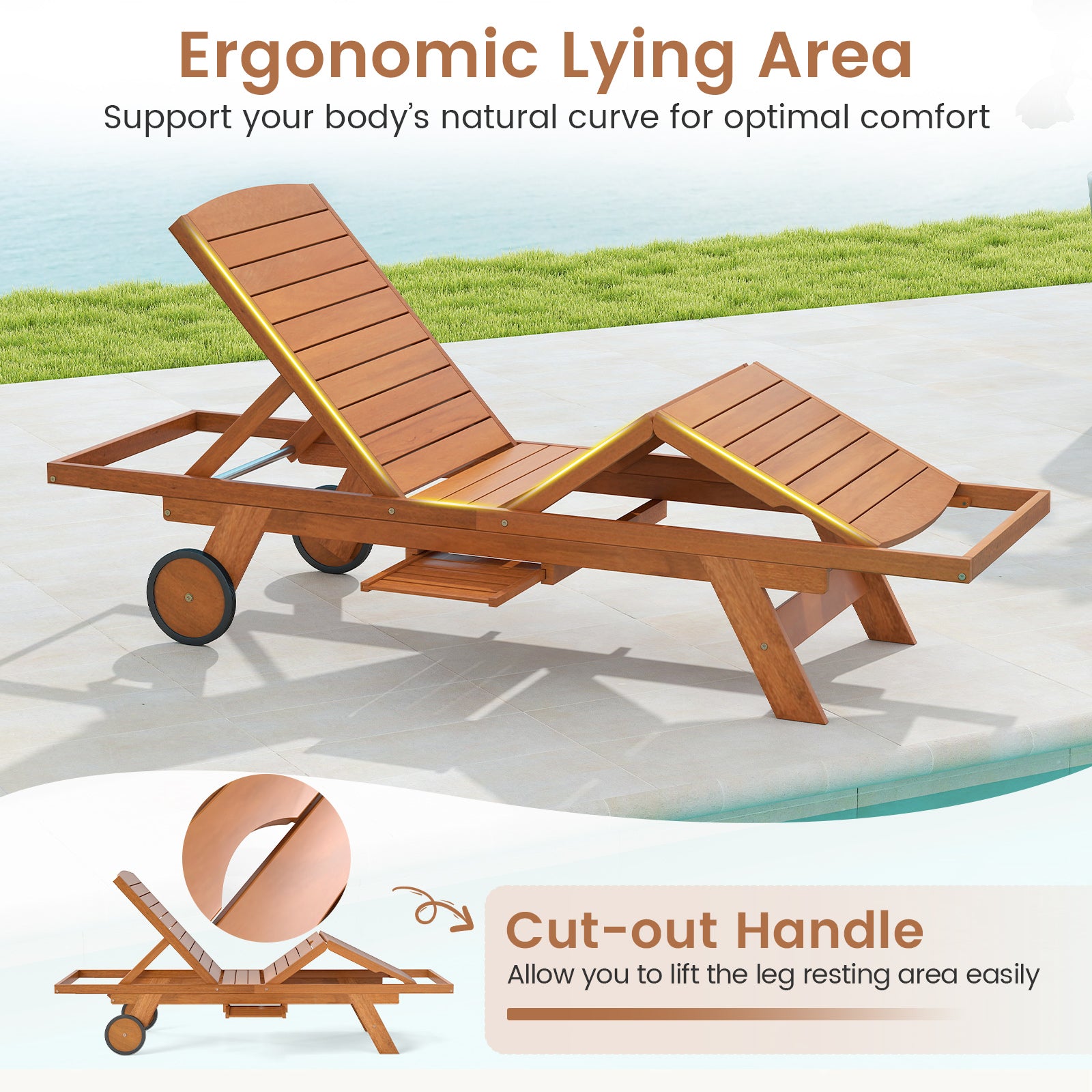 Outdoor Chaise Lounge Chair with Wheels 4-Position Patio Wood Recliner with Adjustable Backrest Outdoor Chaise Lounges at Gallery Canada