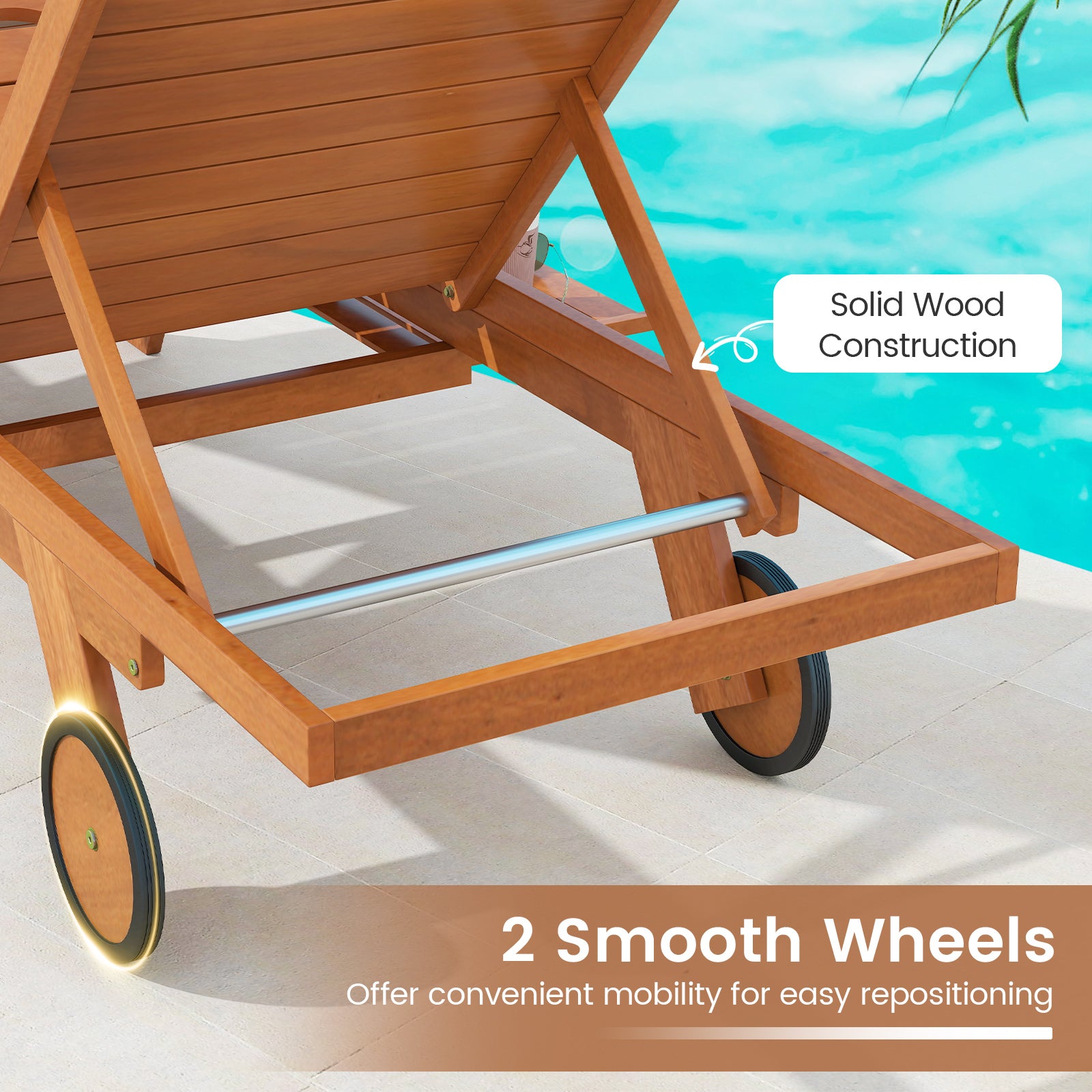 Outdoor Chaise Lounge Chair with Wheels 4-Position Patio Wood Recliner with Adjustable Backrest Outdoor Chaise Lounges at Gallery Canada