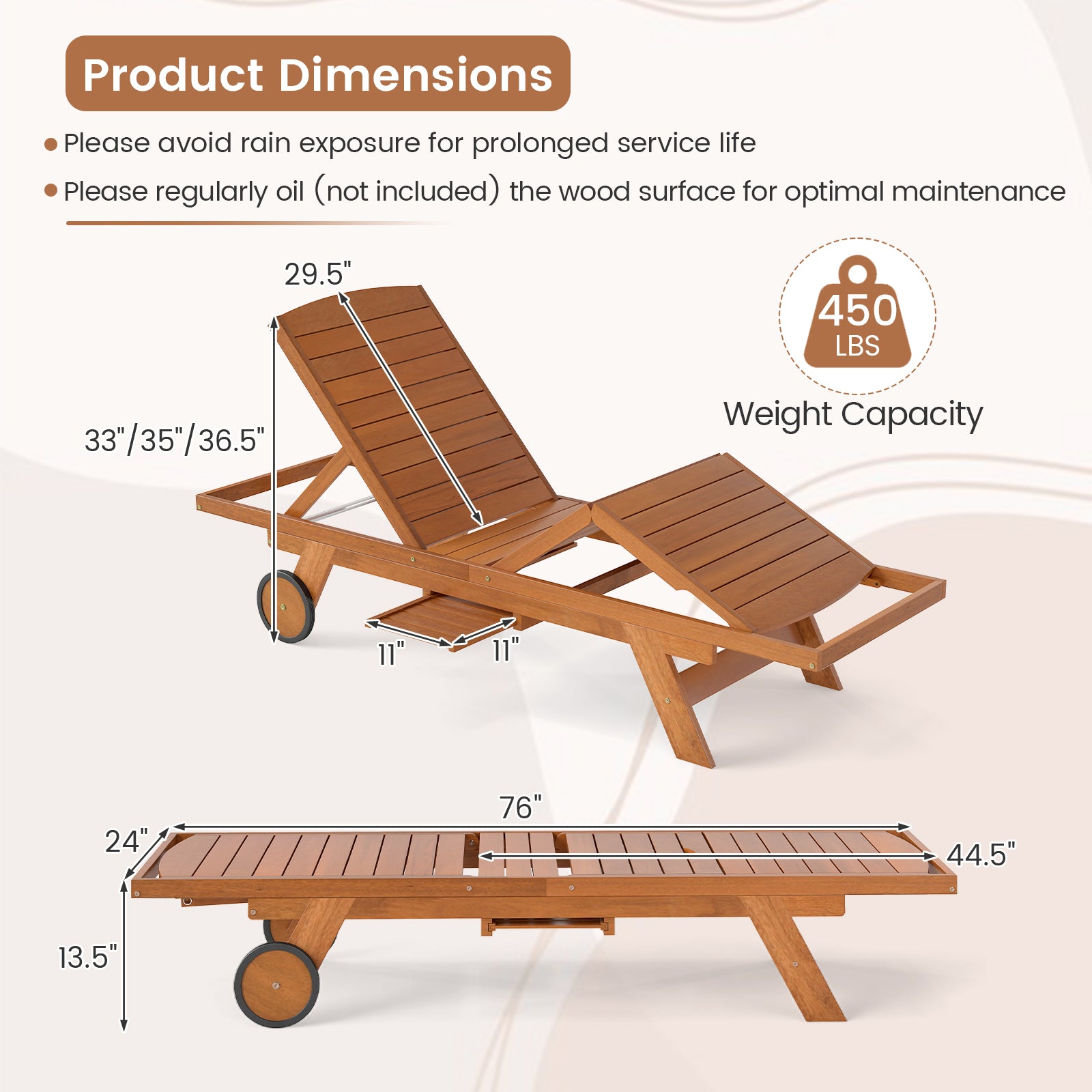 Outdoor Chaise Lounge Chair with Wheels 4-Position Patio Wood Recliner with Adjustable Backrest Outdoor Chaise Lounges at Gallery Canada