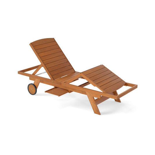Outdoor Chaise Lounge Chair with Wheels 4-Position Patio Wood Recliner with Adjustable Backrest