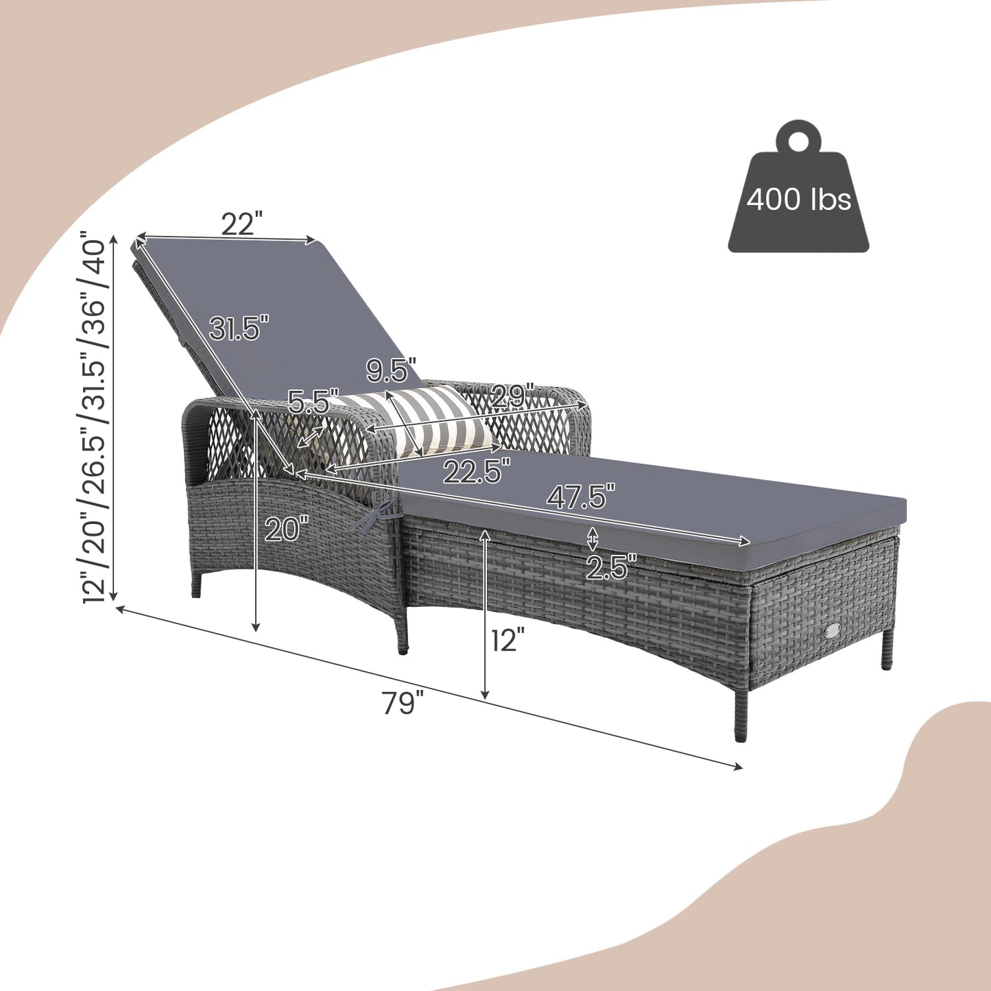 Outdoor Chaise Lounge Chair, 6-Level Backrest, Gray Outdoor Chaise Lounges at Gallery Canada