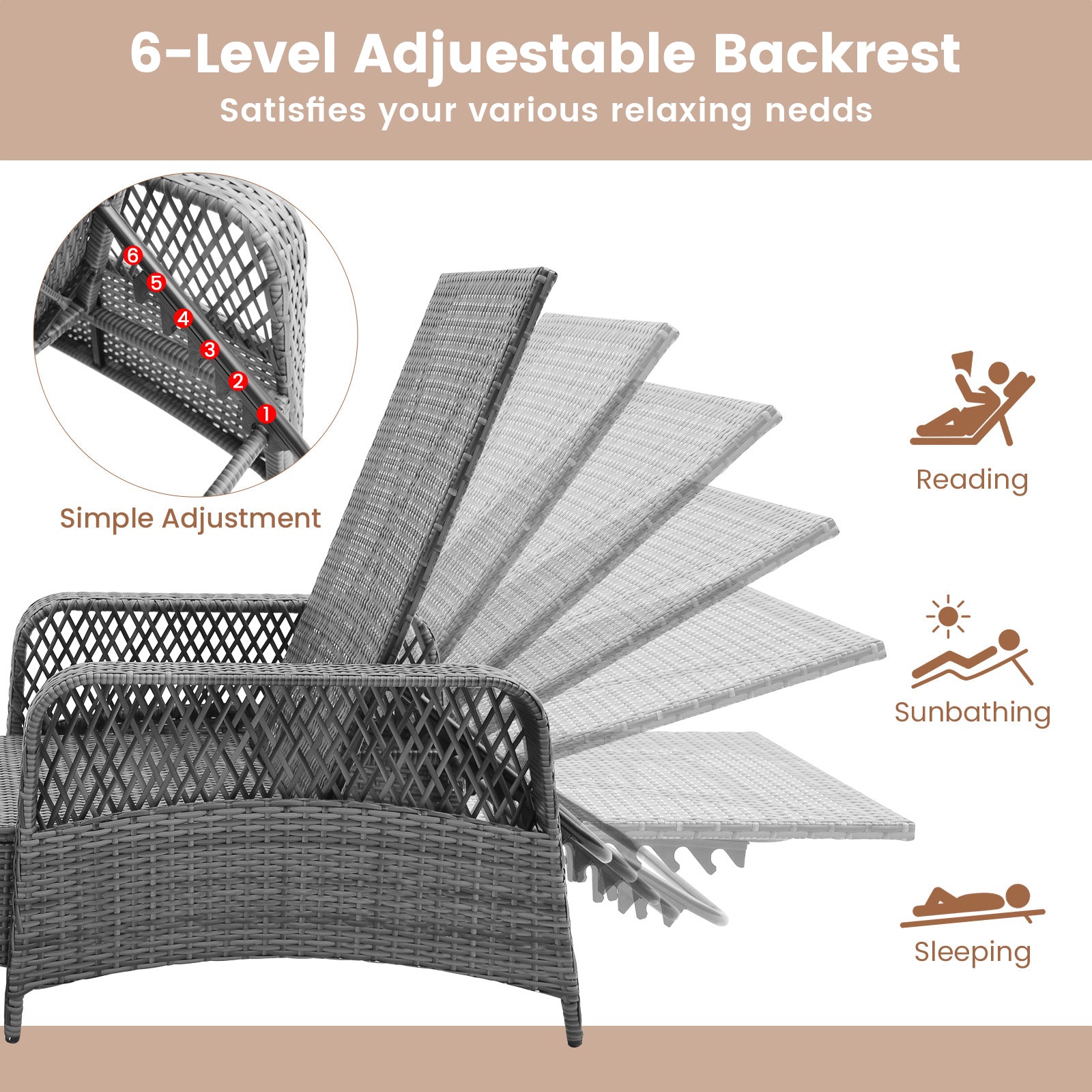 Outdoor Chaise Lounge Chair, 6-Level Backrest, Gray Outdoor Chaise Lounges at Gallery Canada