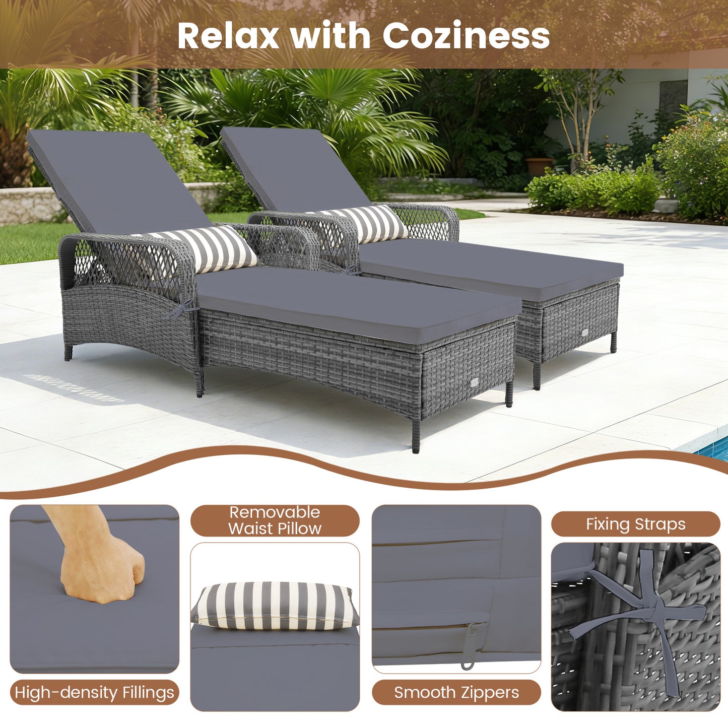 Outdoor Chaise Lounge Chair, 6-Level Backrest, Gray Outdoor Chaise Lounges at Gallery Canada