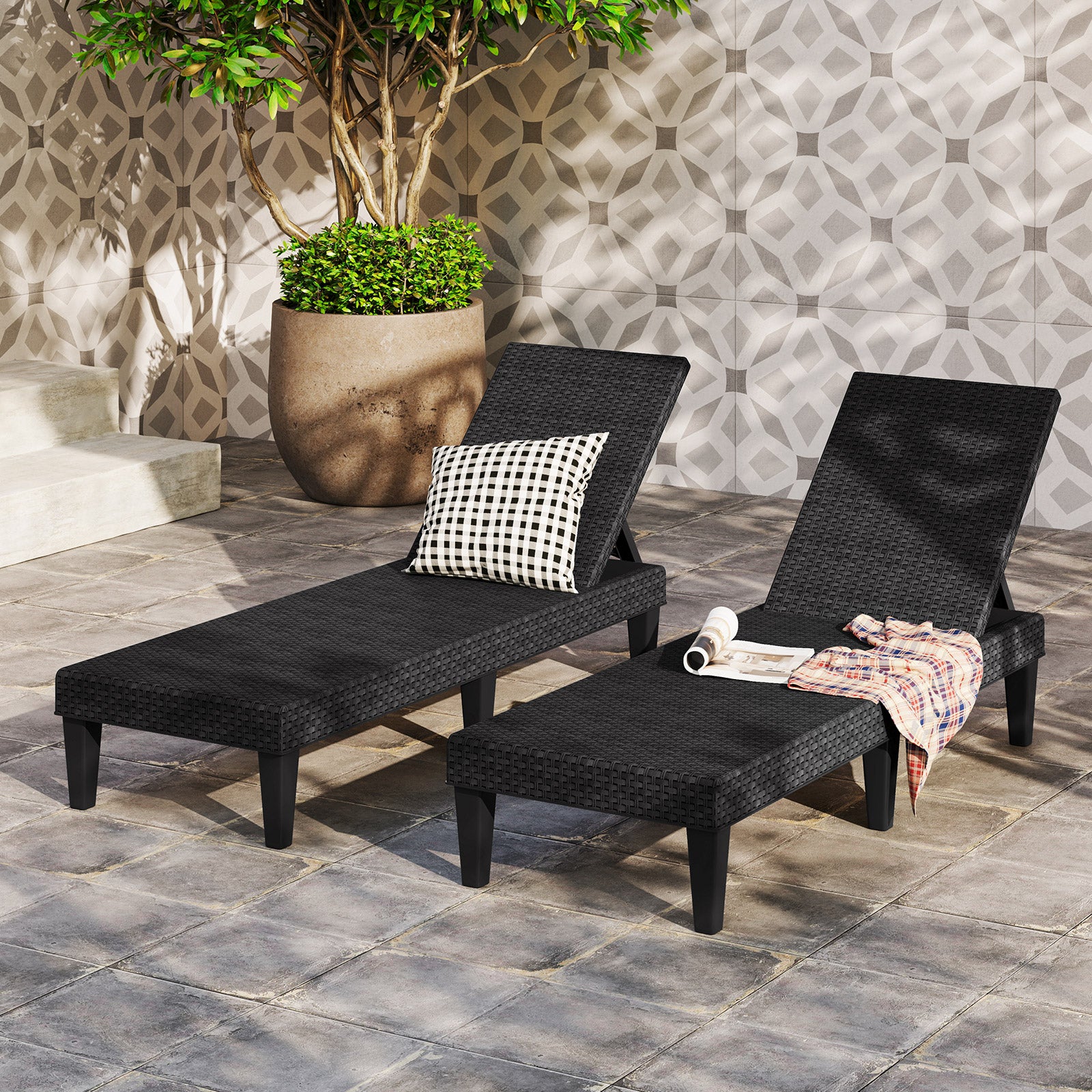 Outdoor Chaise Lounger Chair, Waterproof Rattan Textured PP, Set of 2, Black Outdoor Chaise Lounges at Gallery Canada