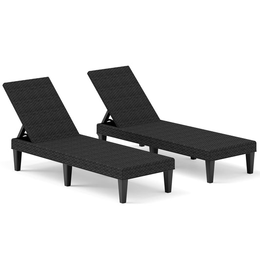 Outdoor Chaise Lounger Chair, Waterproof Rattan Textured PP, Set of 2, Black Outdoor Chaise Lounges Black at Gallery Canada