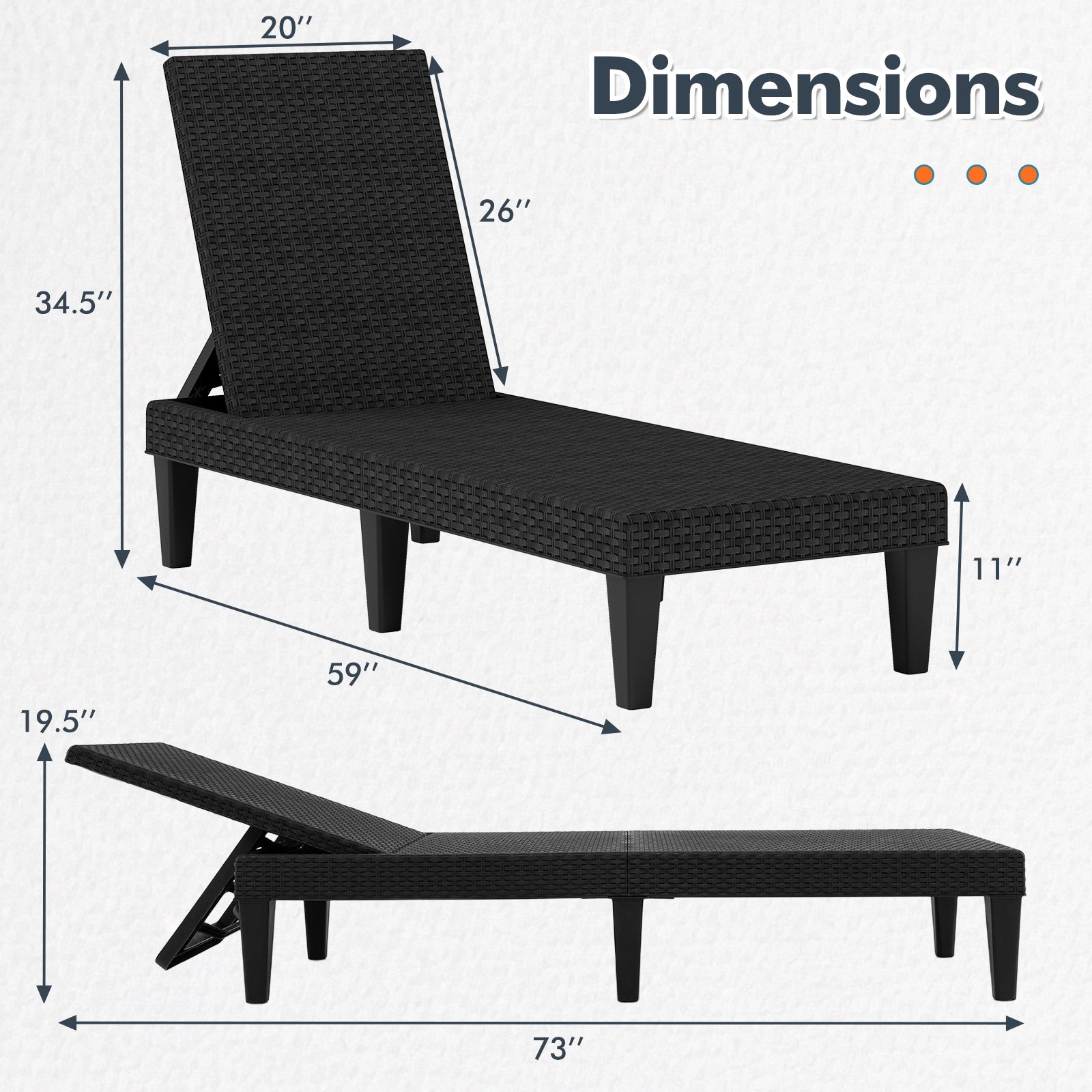 Outdoor Chaise Lounger Chair, Waterproof Rattan Textured PP, Set of 2, Black Outdoor Chaise Lounges at Gallery Canada