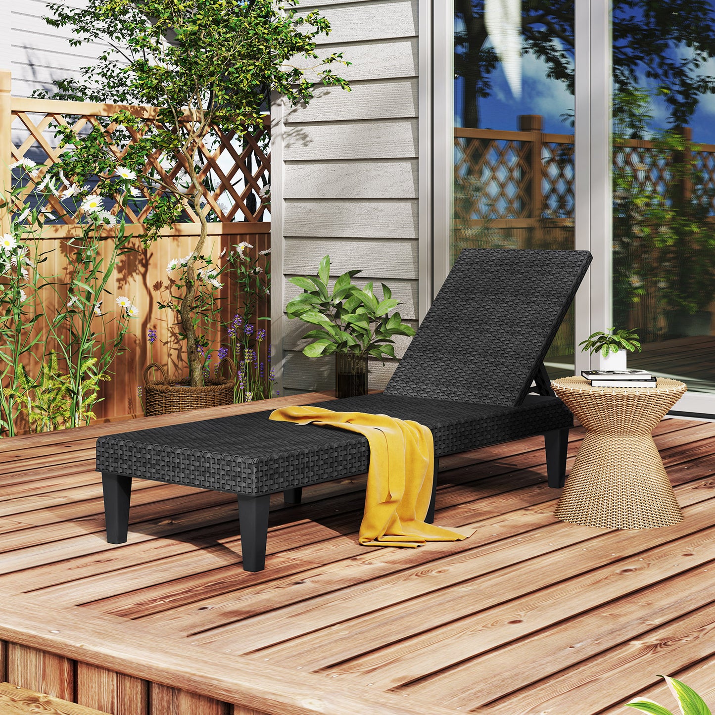 Outdoor Chaise Lounger Chair, Waterproof Rattan Textured PP, Set of 2, Black Outdoor Chaise Lounges at Gallery Canada