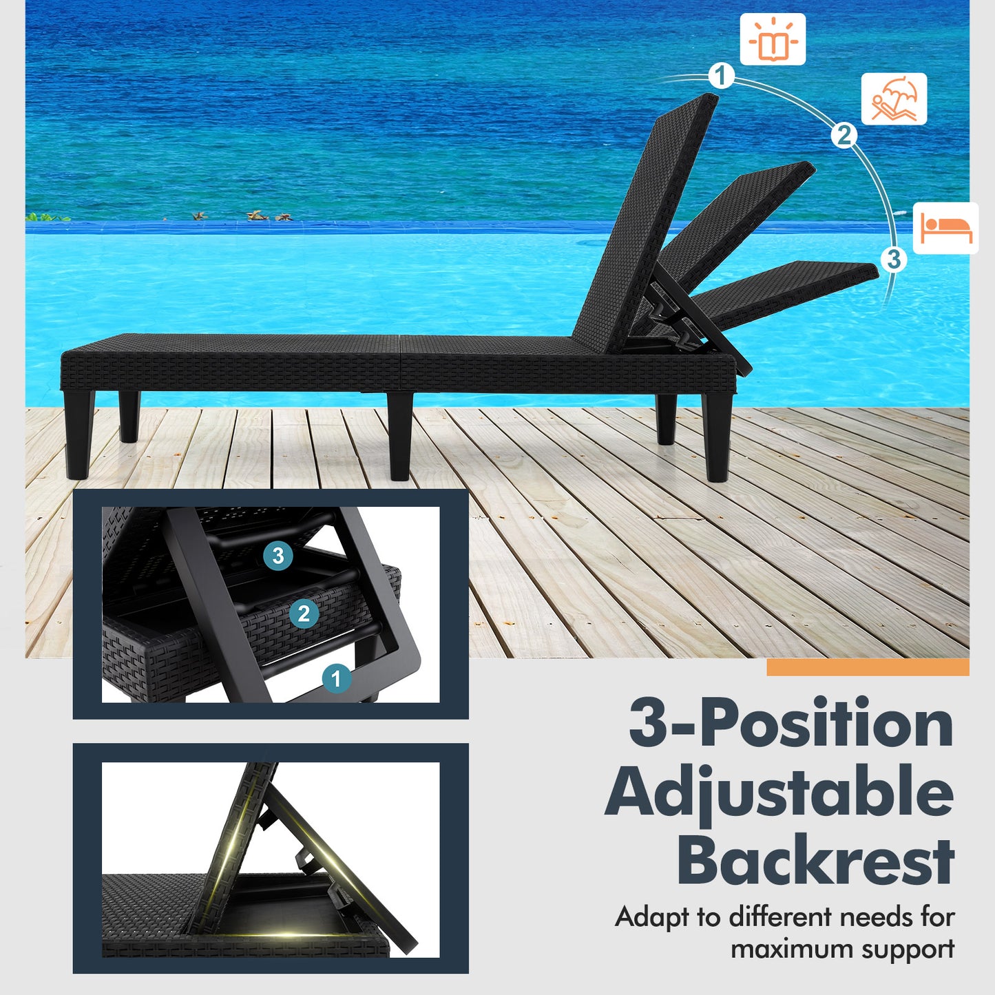 Outdoor Chaise Lounger Chair, Waterproof Rattan Textured PP, Set of 2, Black Outdoor Chaise Lounges at Gallery Canada