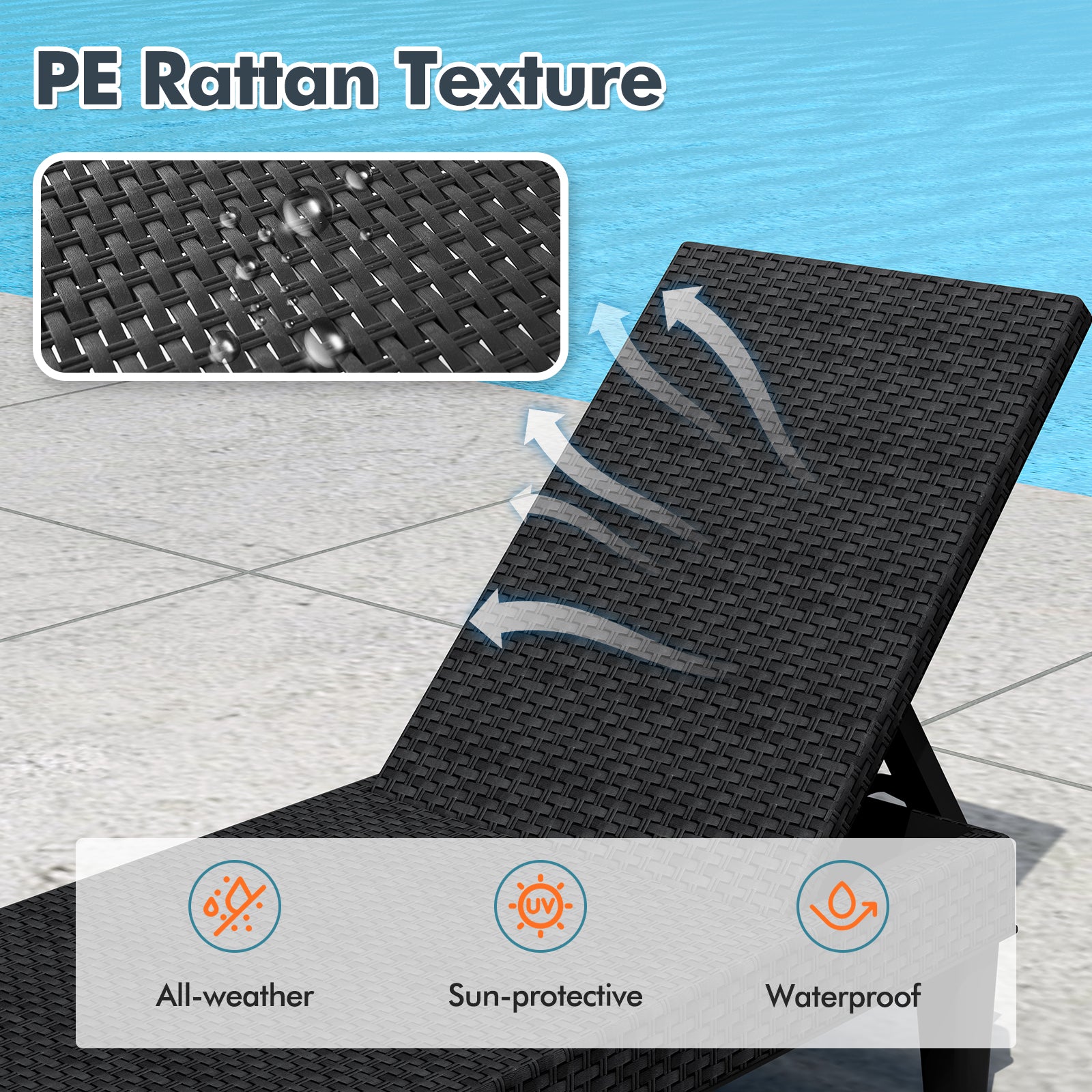 Outdoor Chaise Lounger Chair, Waterproof Rattan Textured PP, Set of 2, Black Outdoor Chaise Lounges at Gallery Canada