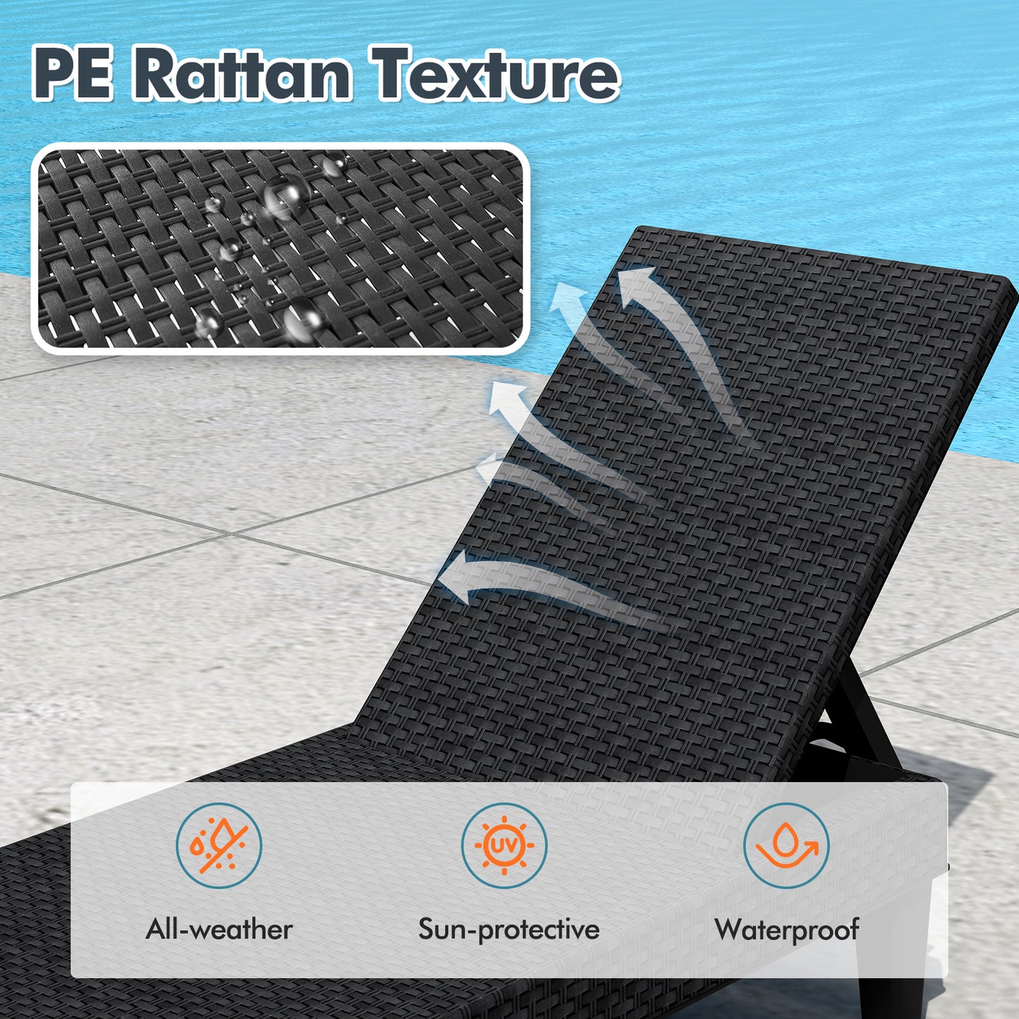 Outdoor Chaise Lounger Chair, Waterproof Rattan Textured PP, Set of 2, Black Outdoor Chaise Lounges at Gallery Canada