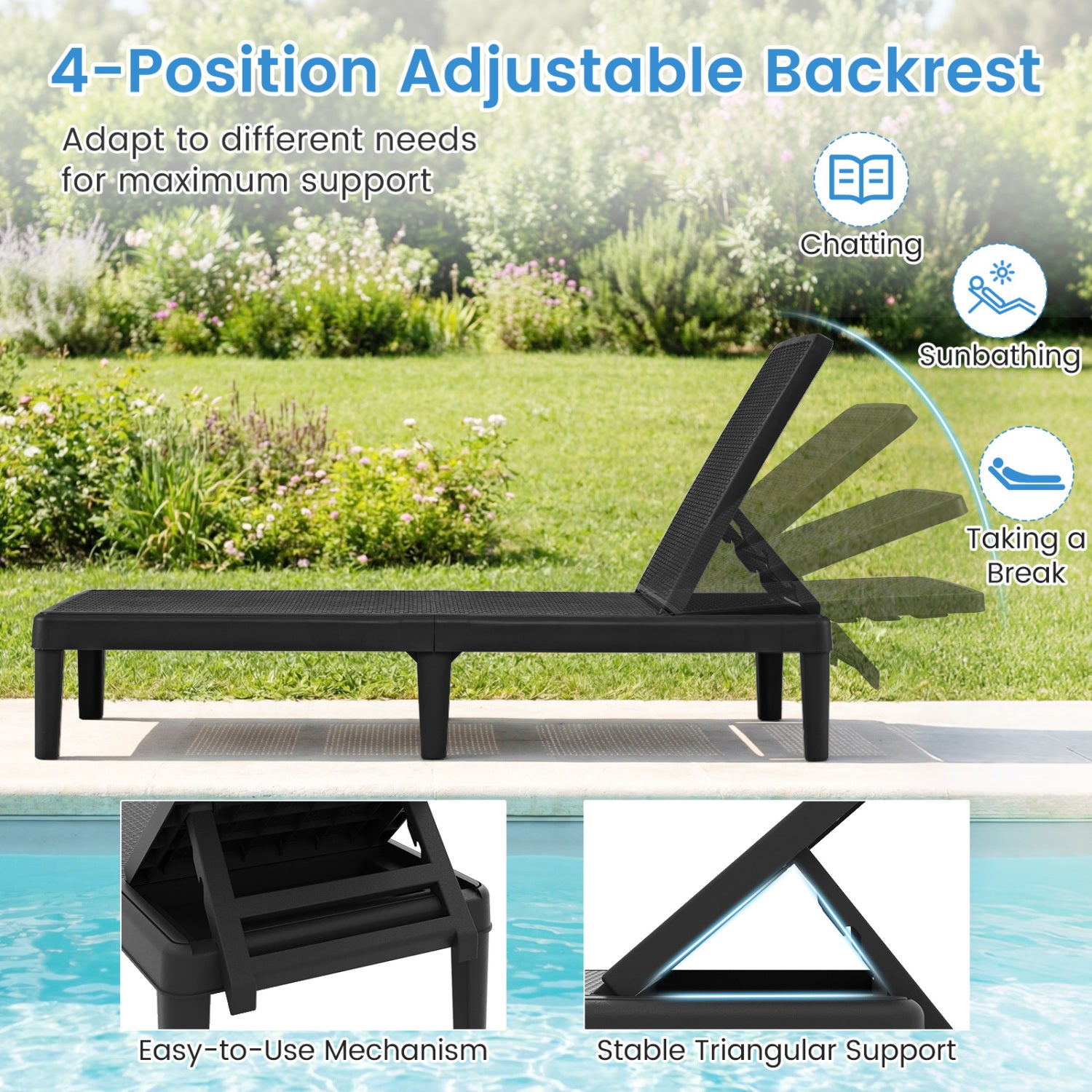 Outdoor Chaise Lounger Chair, Waterproof Rattan Textured PP, Set of 2, Black Outdoor Chaise Lounges at Gallery Canada