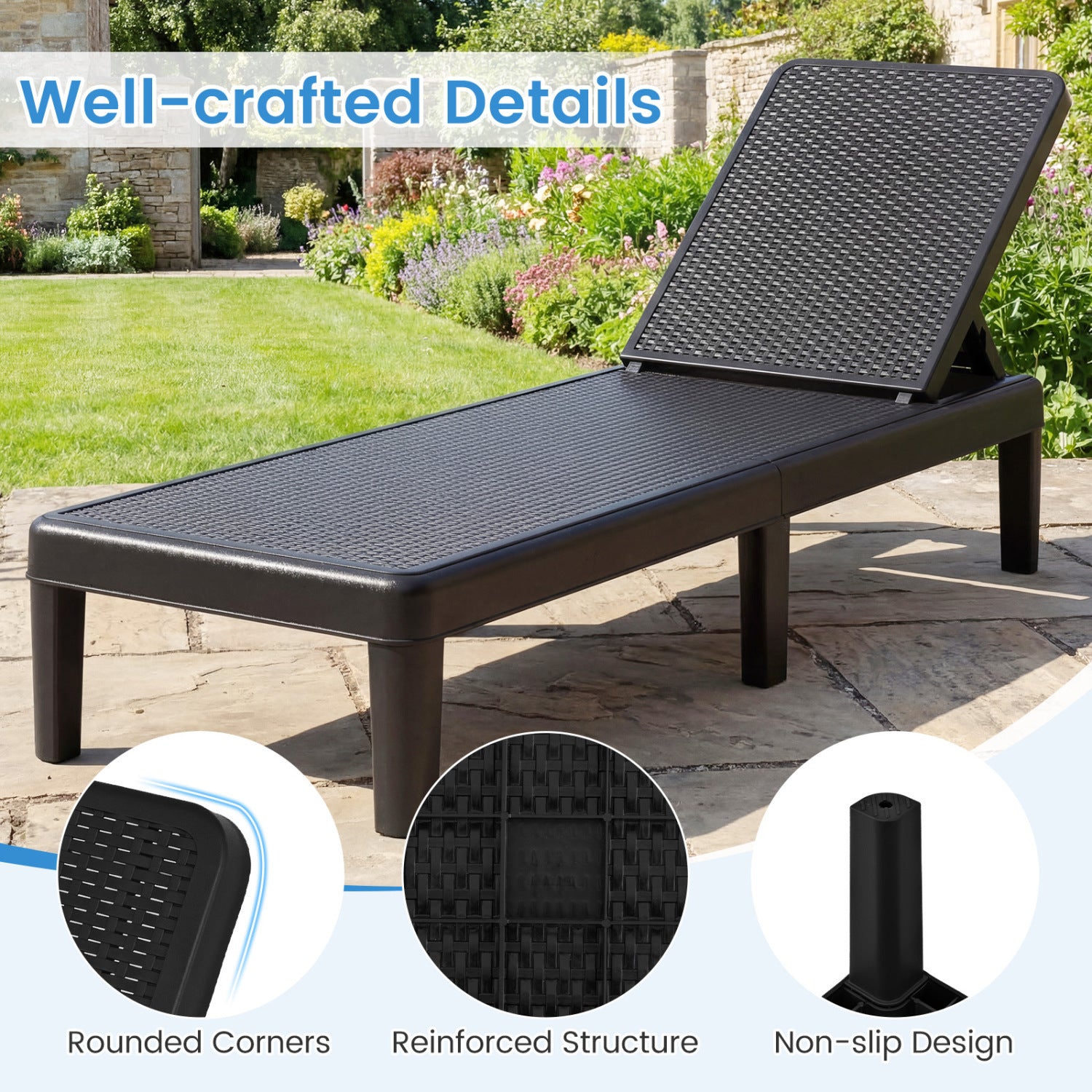 Outdoor Chaise Lounger Chair, Waterproof Rattan Textured PP, Set of 2, Black Outdoor Chaise Lounges at Gallery Canada